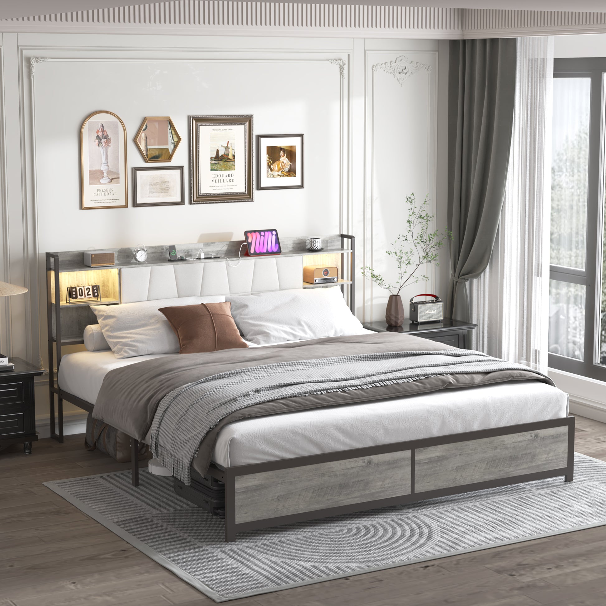 King Size Bed Frame With Led Light & Power Outlet, Platform Bed With Upholstered Headboard And Storage, Sturdy Metal Slats Support, No Box Spring Needed, Easy Assembly, Noise Free Box Spring Not Required King Dark Oak Metal Bedroom Modern Bed Frame Mdf