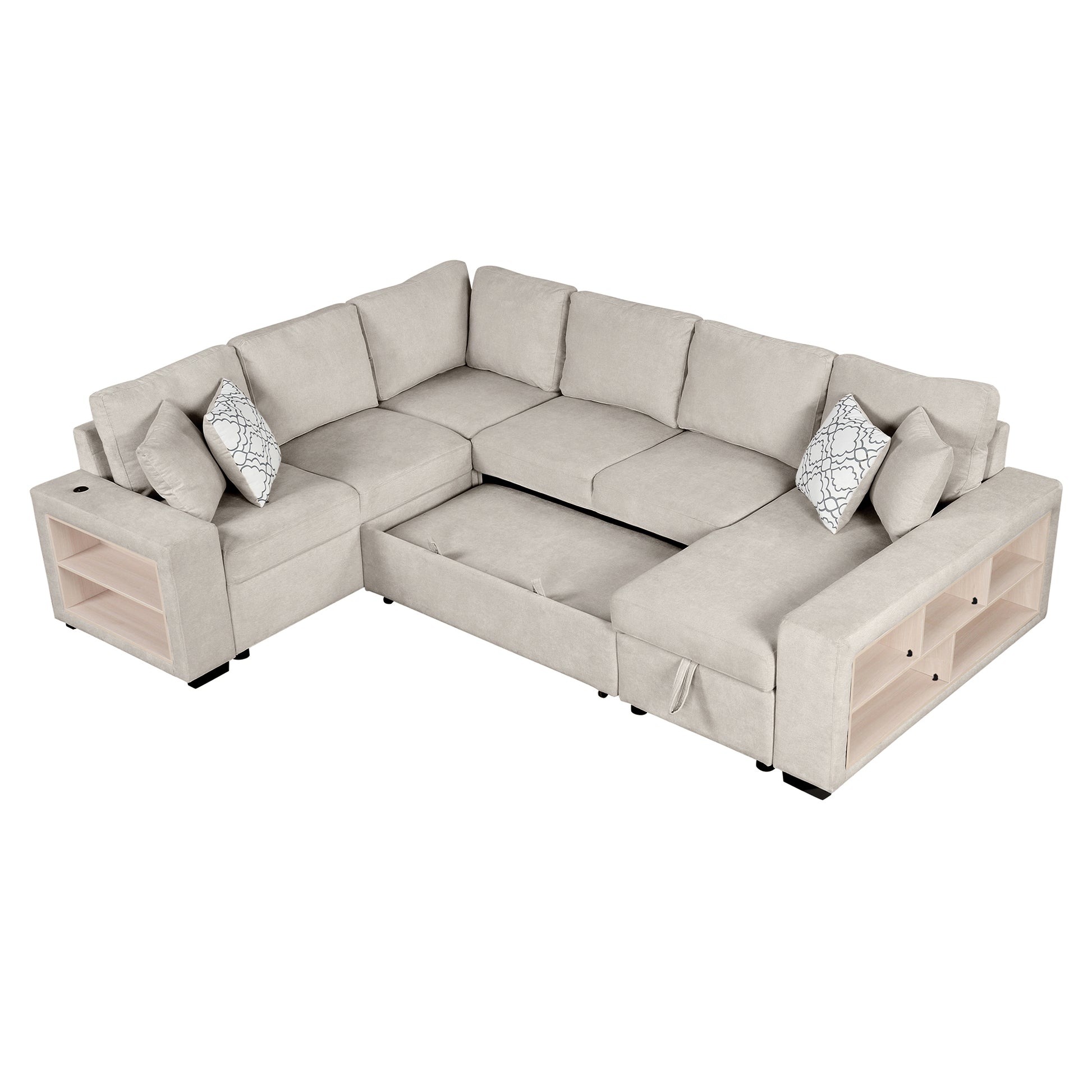 109" U Shaped Sectional Sofa Pull Out Sofa Bed With Two Usb Ports, A Storage Chaise Lounge And Four Back Pillows For Living Room, Beige Beige Foam Chenille 5 Seat