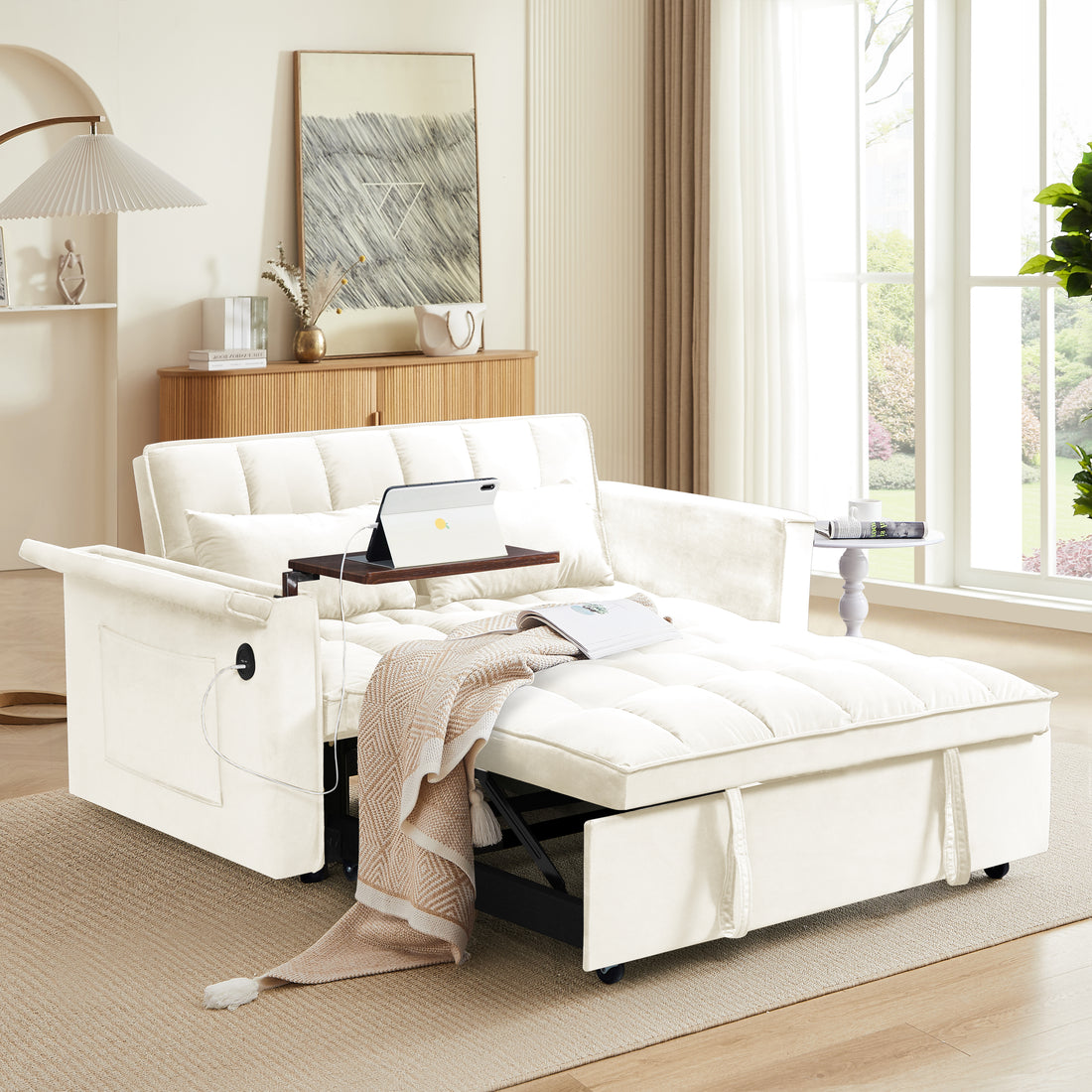 55.5 "3 In 1 Foldable Sofa Bed, Modern Velvet Double Sofa, Sofa Bed With Adjustable Back, Storage Bag And Pillow, Hidden Living Room Laptop Desk With Usb Port, Suitable For Living Room, Bedroom