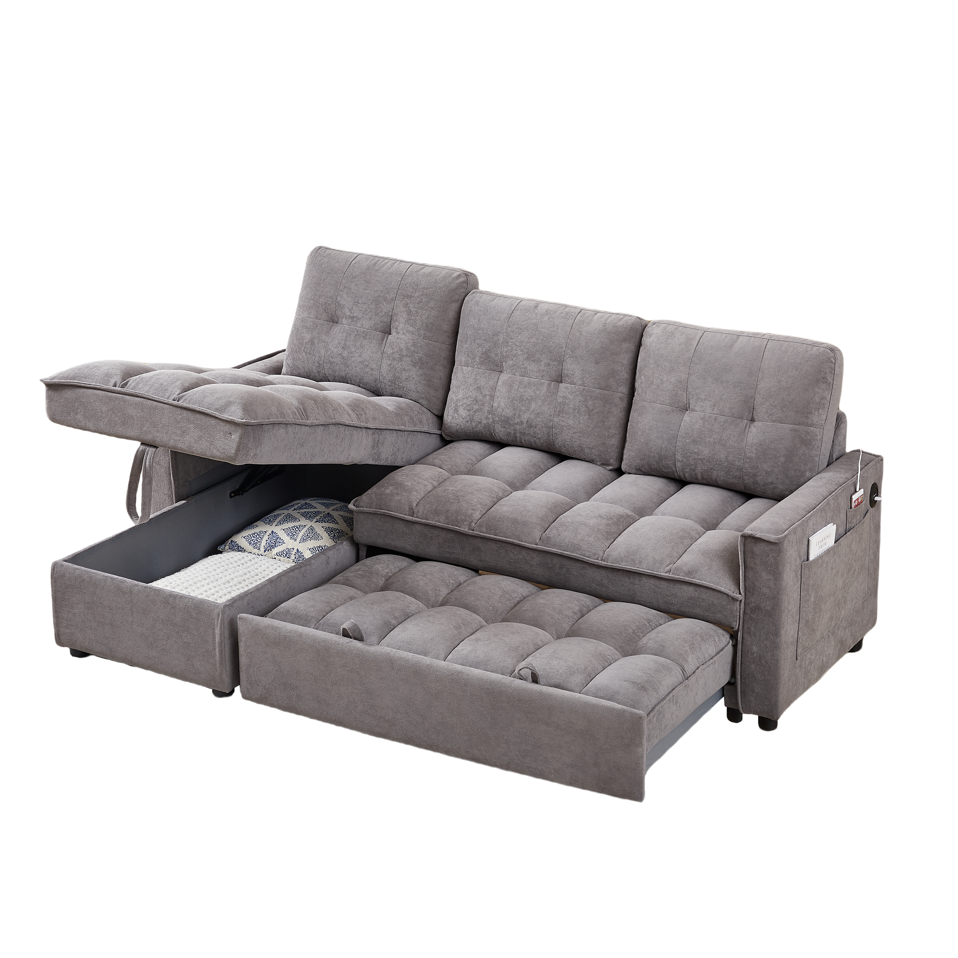 Mh 78.75" Reclining Sofa, Pull Out Sofa Bed With Usb And Tape C Charging Ports, L Shaped Sectional Sofa With Reclining Storage And Arm Side Organizer Pocket Features, Living Room Comfort Sofa Dark Grey Chenille Wood Primary Living Space Eucalyptus Foam