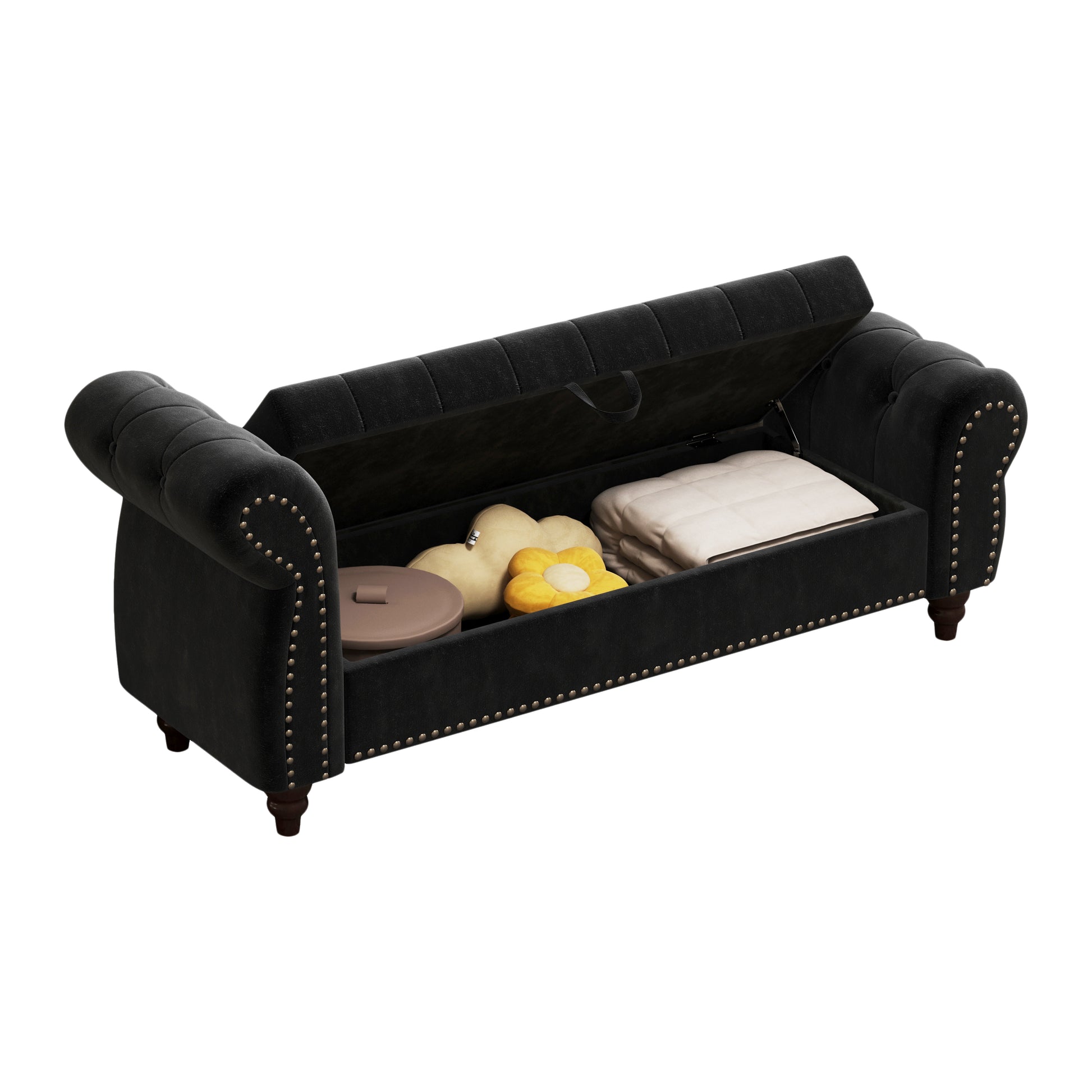 64.5" Bed Bench For Bed Room Nails Tufted Chaise Of Lounge With Storage Velvet Upholstery Black Black Bedroom Foam Velvet