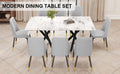 1 Table And 8 Chairs. A Rectangular Dining Table With A White Imitation Marble Tabletop And Black Metal Legs. Paired With 8 Chairs, Equipped With Pu Leather Seat Cushions And Black Metal Legs. F 1538 Grey Glass Metal