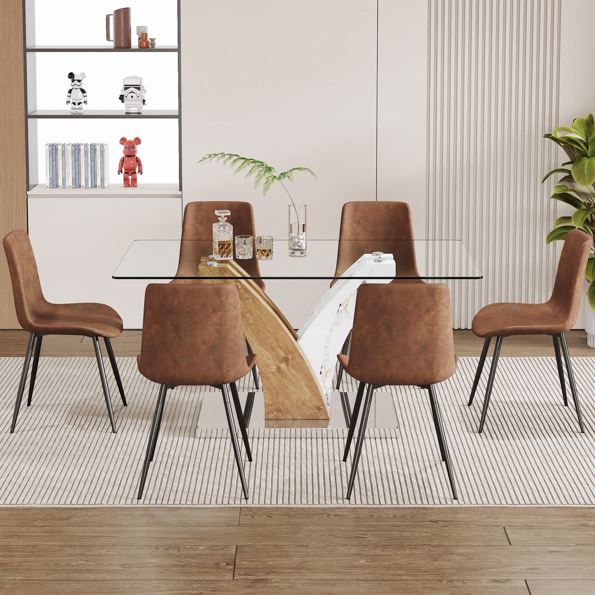 Table And Chair Set.Modern Dining Table, Tempered Glass Countertop With Artistic Mdf Legs.Paried With 6 Brown Chairs With Suede Backrests And Black Metal Legs.Suitable For Various Styles. Black Brown,Transparent Seats 6 Mdf Metal