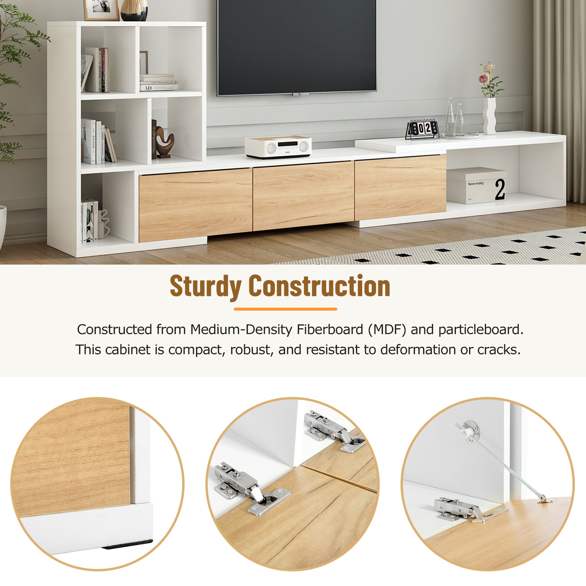 74.8'' 126'' Extendable Tv Stand With 3 Tier Bookshelves For Tvs Up To 110'', Adjustable Entertainment Center With Storage Cabinets, Sliding Tabletop Media Console For Living Room, White White Primary Living Space 90 Inches Or Larger Particle Board Mdf