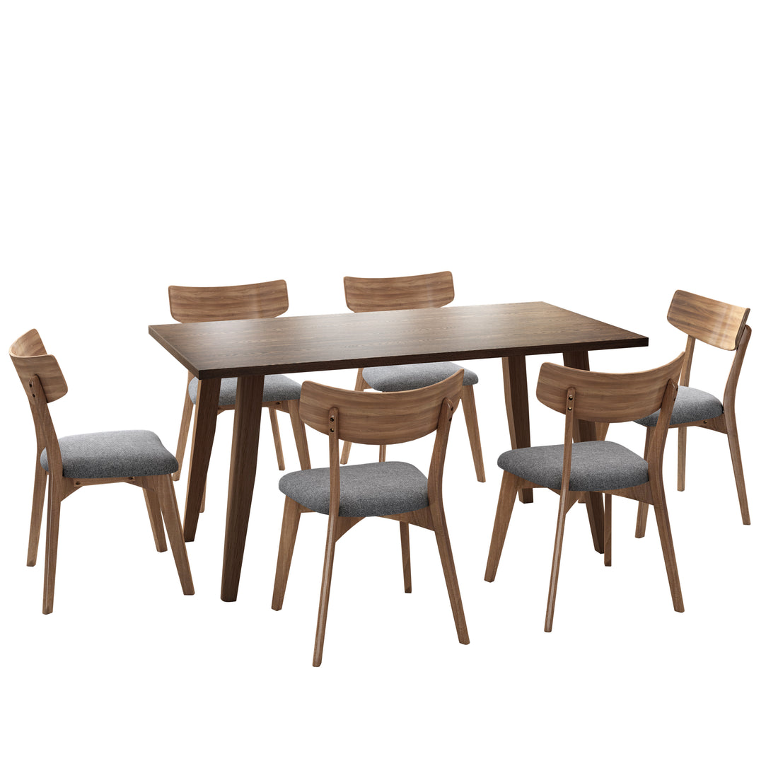 7 Piece Dining Set,Mid Century Walnut Finished Frame Upholstered Dining Chairs Set Of 6 Dark Grey Wood Dining Table Brown Brown,Dark Grey Fabric,Rubber Wood