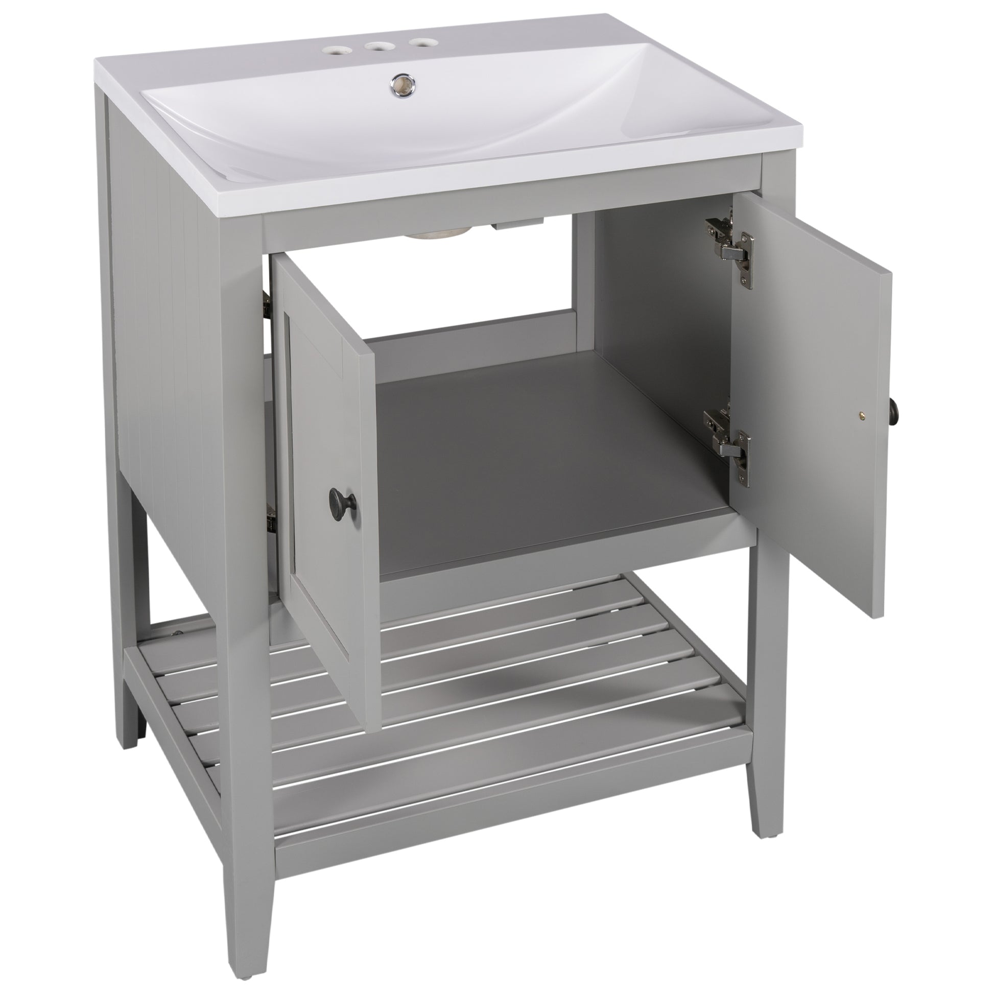 Video 24" Grey Modern Sleek Bathroom Vanity Elegant Ceramic Sink With Solid Wood Frame Open Style Shelf Old Sku: Jl000004Aae Grey Solid Wood