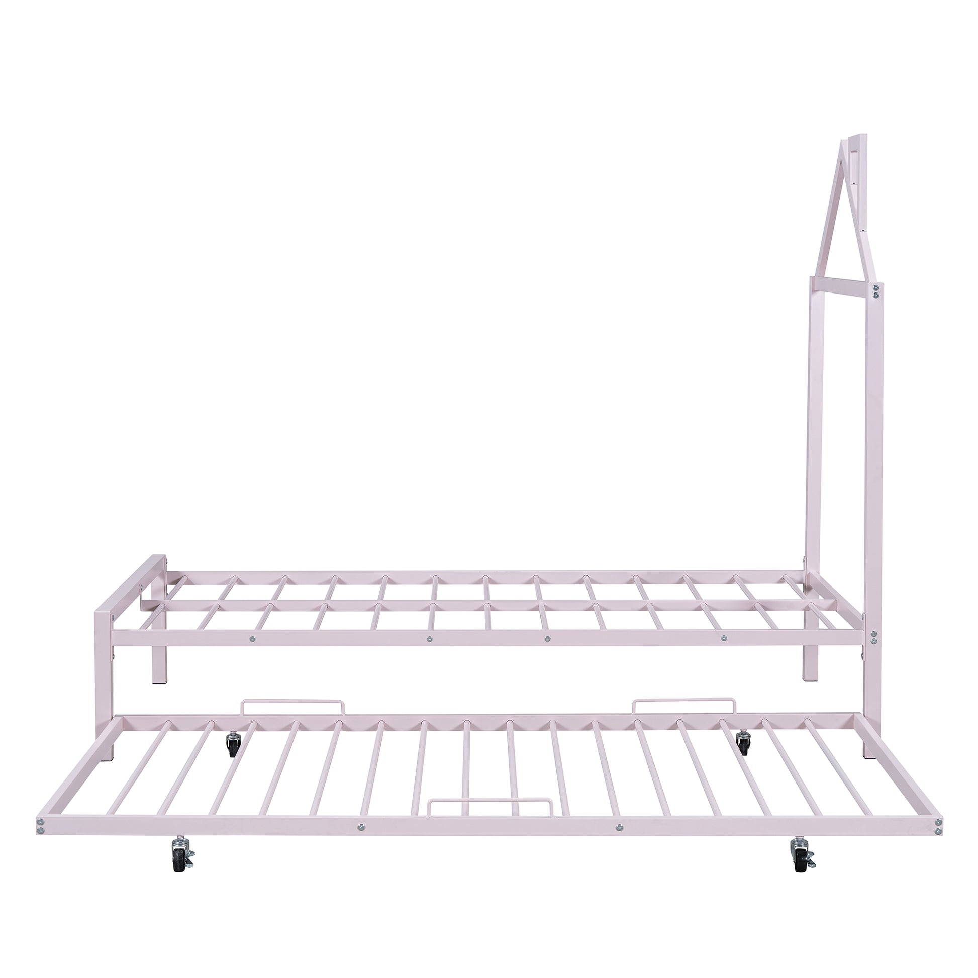 Twin Size Metal Platform Bed With Twin Size Trundle,House Shaped Headboard Design, Pink Twin Pink Metal