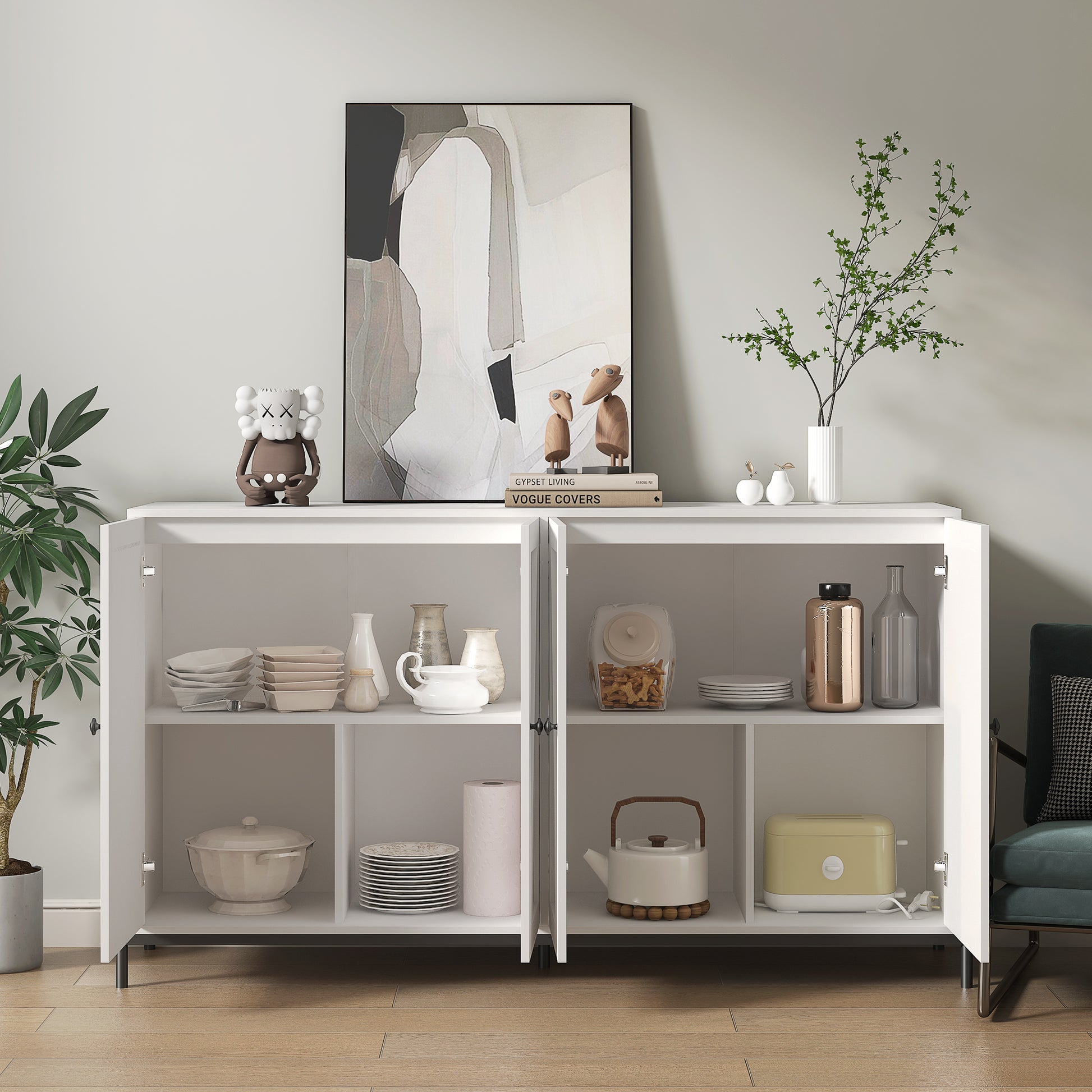 Storage Cabinet Buffet Cabinet With 2 Cabinet, 4 Doors, Metal Leg, Sideboard Wooden Cabinet, Entryway Floor Cabinet For Living Room, Study, And Entryway White White Mdf