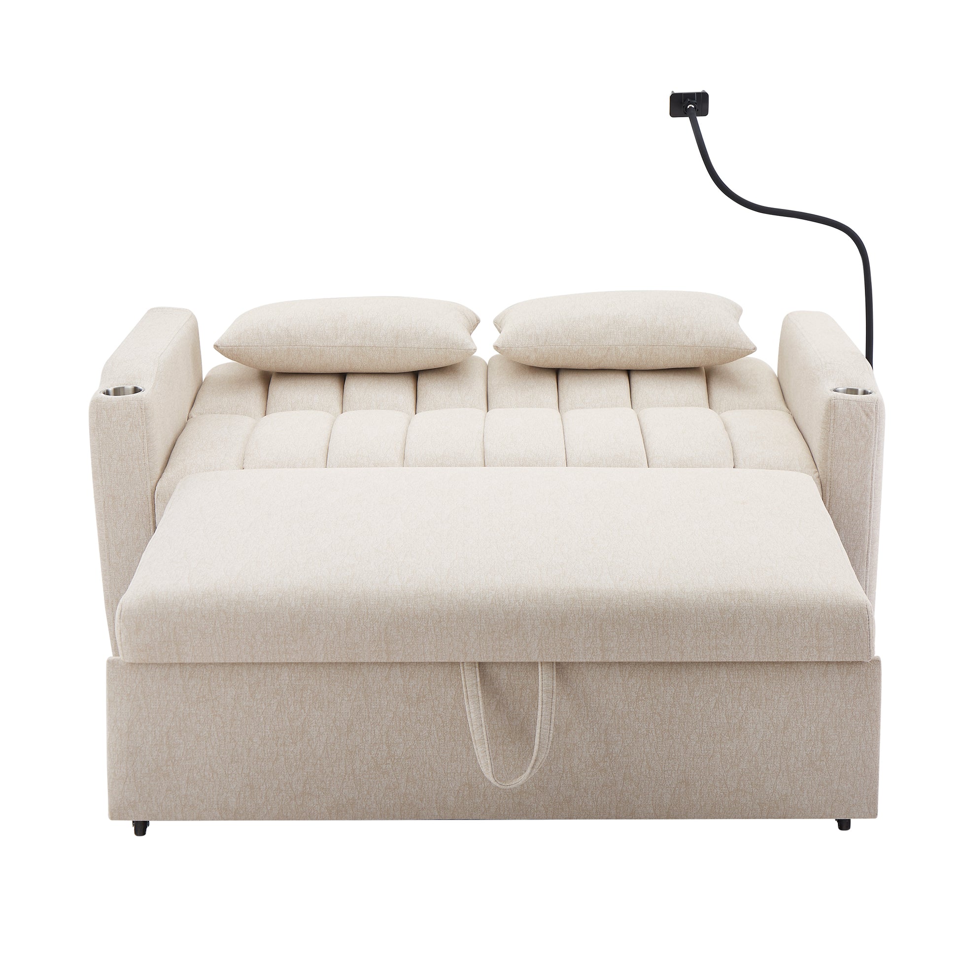 55.9" Convertible Sofa Bed Loveseat Sofa With Three Usb Ports, Two Side Pockets, Two Cup Holders And 360 Swivel Phone Holder For Living Room, Beige Beige Foam Polyester
