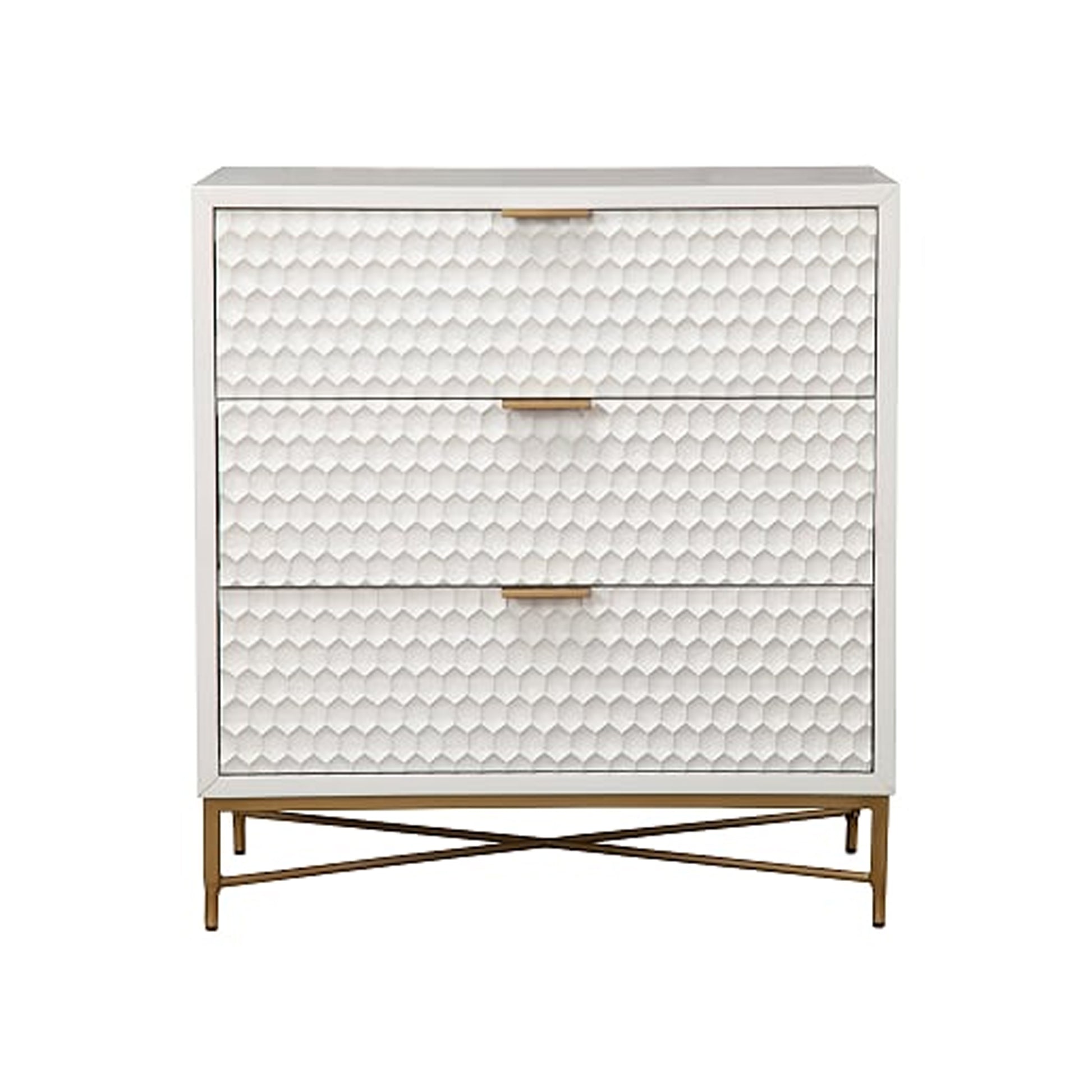 Honeycomb Design 3 Drawer Chest With Metal Legs, Small, White White Wood Metal