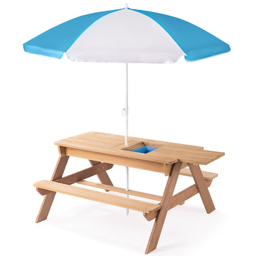 3 In 1 Kids Outdoor Wooden Picnic Table With Umbrella, Convertible Sand & Wate, Gray Astm & Cpsia Certification No Natural Wood Solid Wood