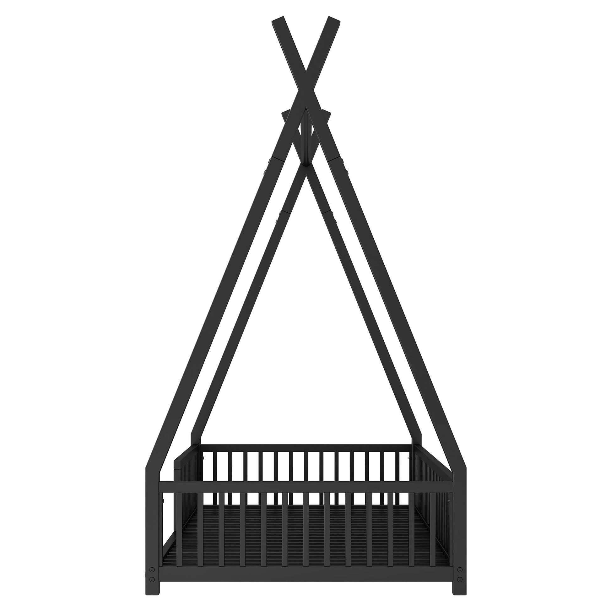 Metal Twin Size House Platform Bed With Triangle Structure And Guardrail, Black Box Spring Not Required Twin Black Metal Metal