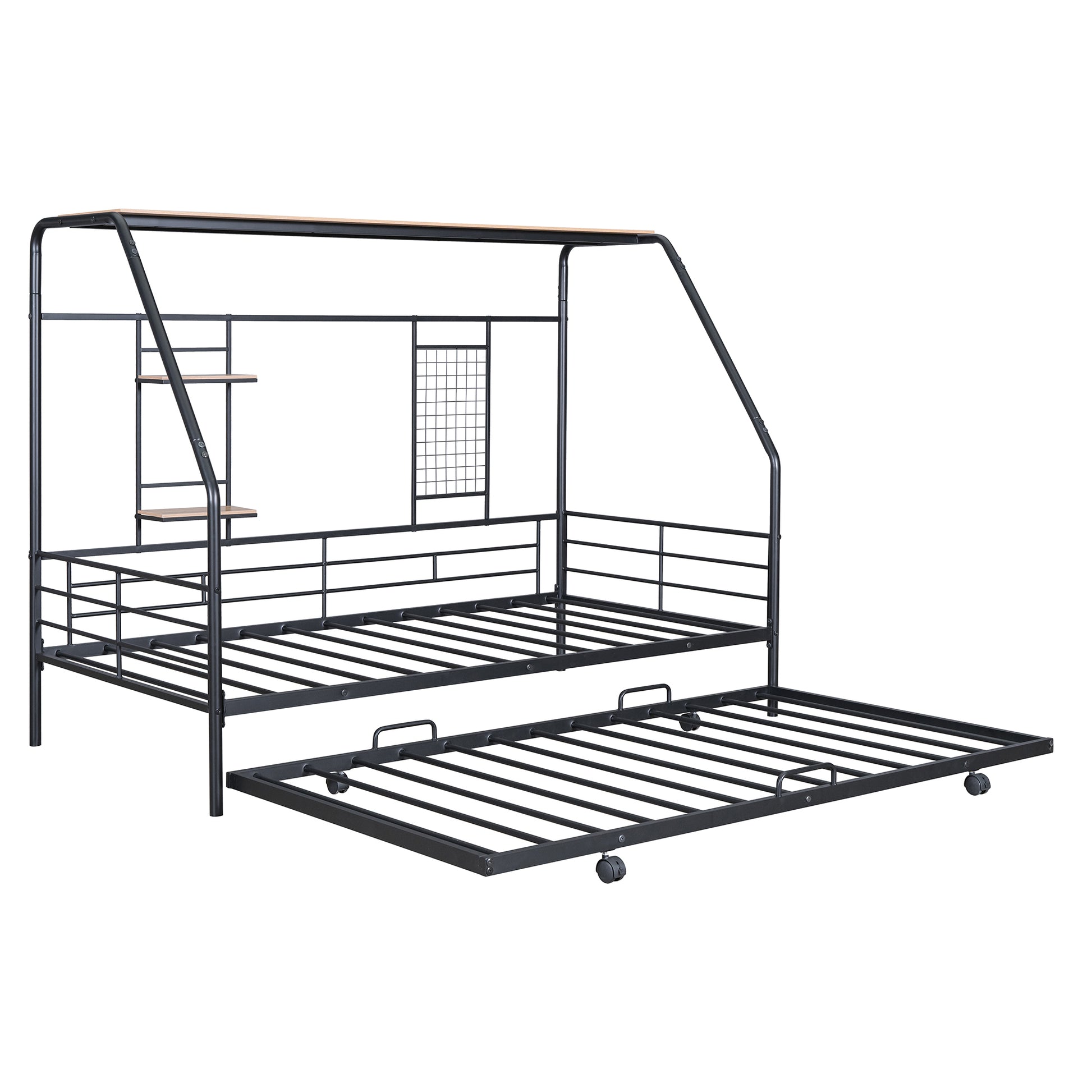 Twin Size Metal House Bed With Trundle, Black Twin Black Metal