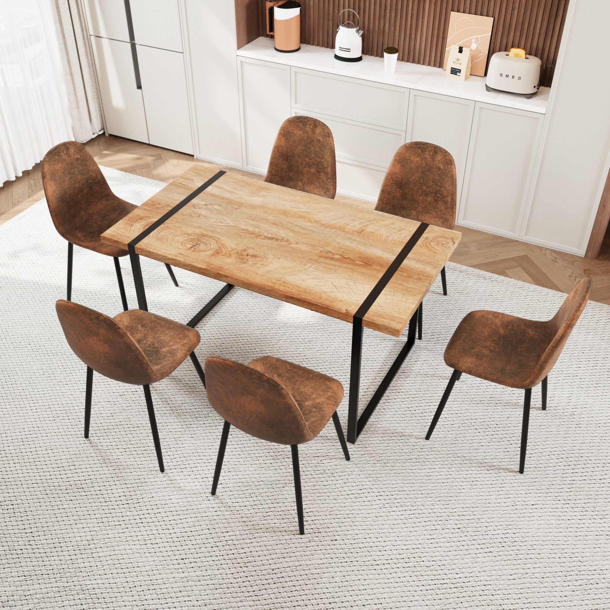 Mdf Natural Wood Dining Table And Modern Dining Chair Set Of 8 Pieces, Medieval Wooden Kitchen Dining Table Set, Black Metal Base, Dining Table And Suede Chair Set Buy 6 Chairs And Get 2 Free Brown