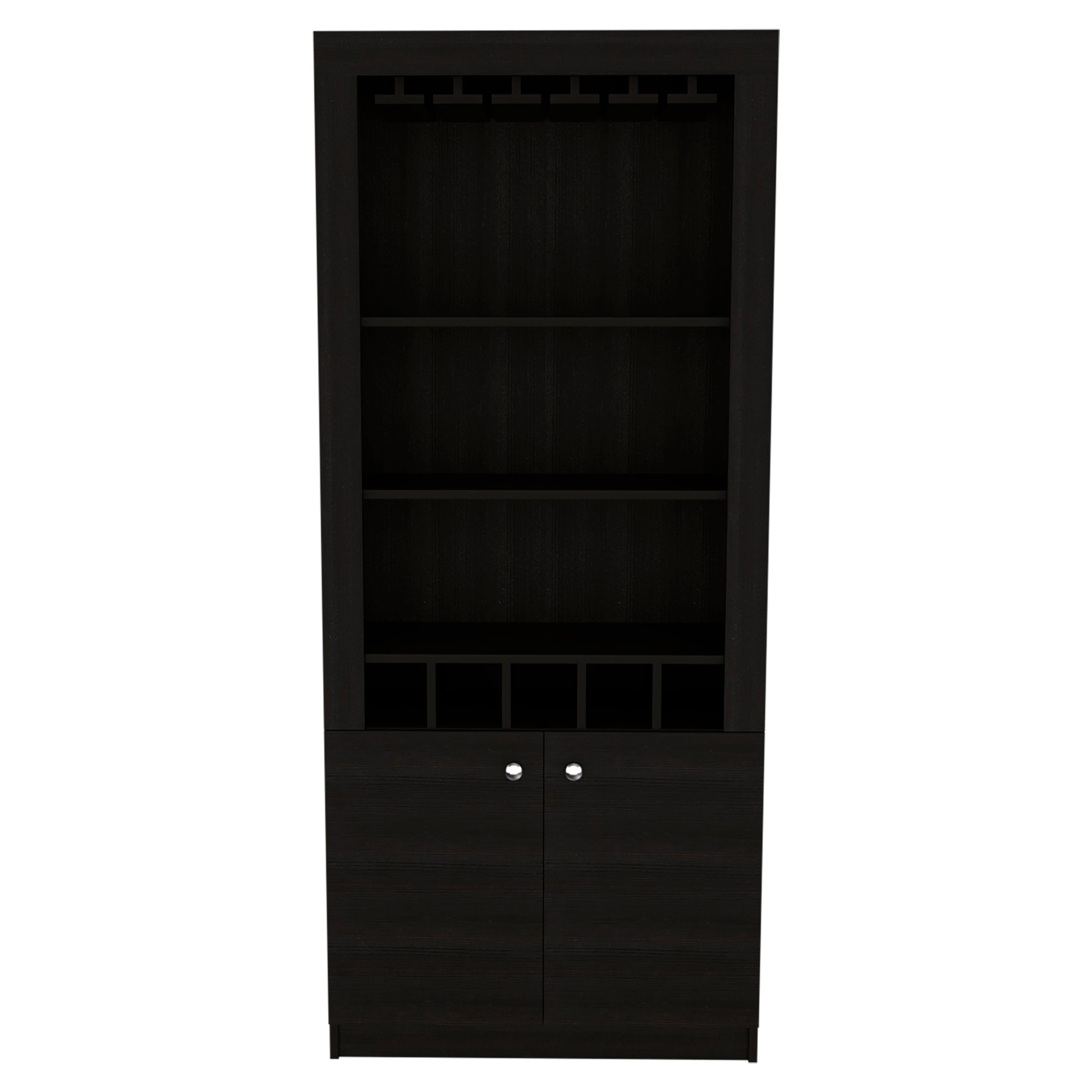 Montenegro Bar Cabinet, Double Door Cabinet, Five Built In Wine Rack, Three Shelves Black Black Particle Board