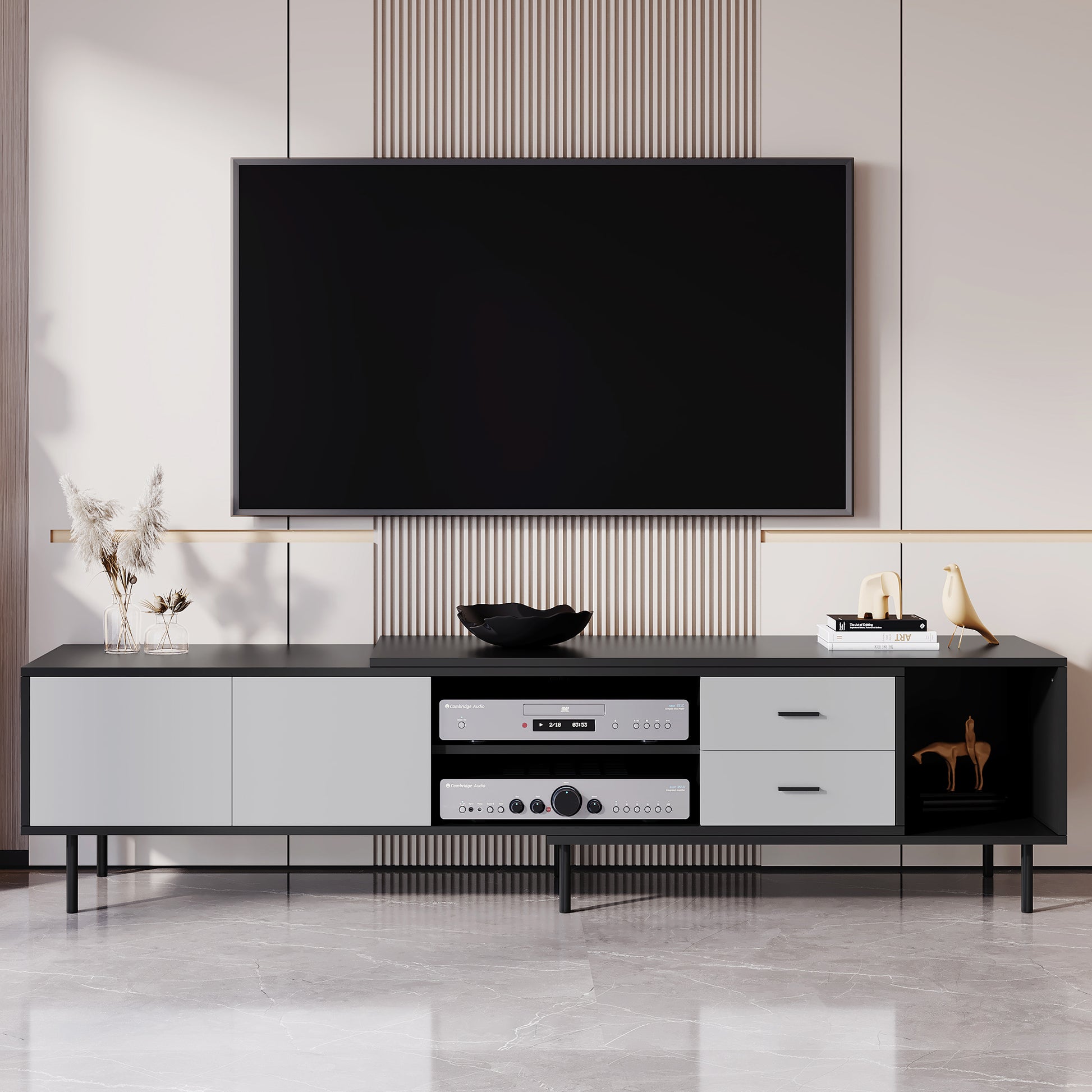 Modern Tv Stand For 80'' Tv With 2 Doors, Media Console Table, Entertainment Center With Large Storage Cabinet For Living Room, Bedroom Black Grey 70 79 Inches Primary Living Space 70 79 Inches 75