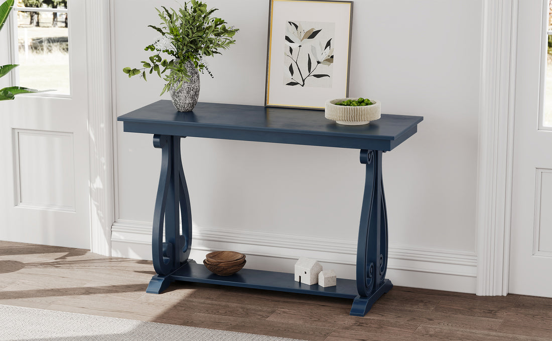 48 Inch Rustic Vintage Console Tablefarmhouse Style Entryway Table With Open Shelf And Sturdy Construction For Entryway And Living Room Navy Navy Distressed Finish Primary Living Space Antique,Rustic,Vintage Open Storage Console Tables Brushed