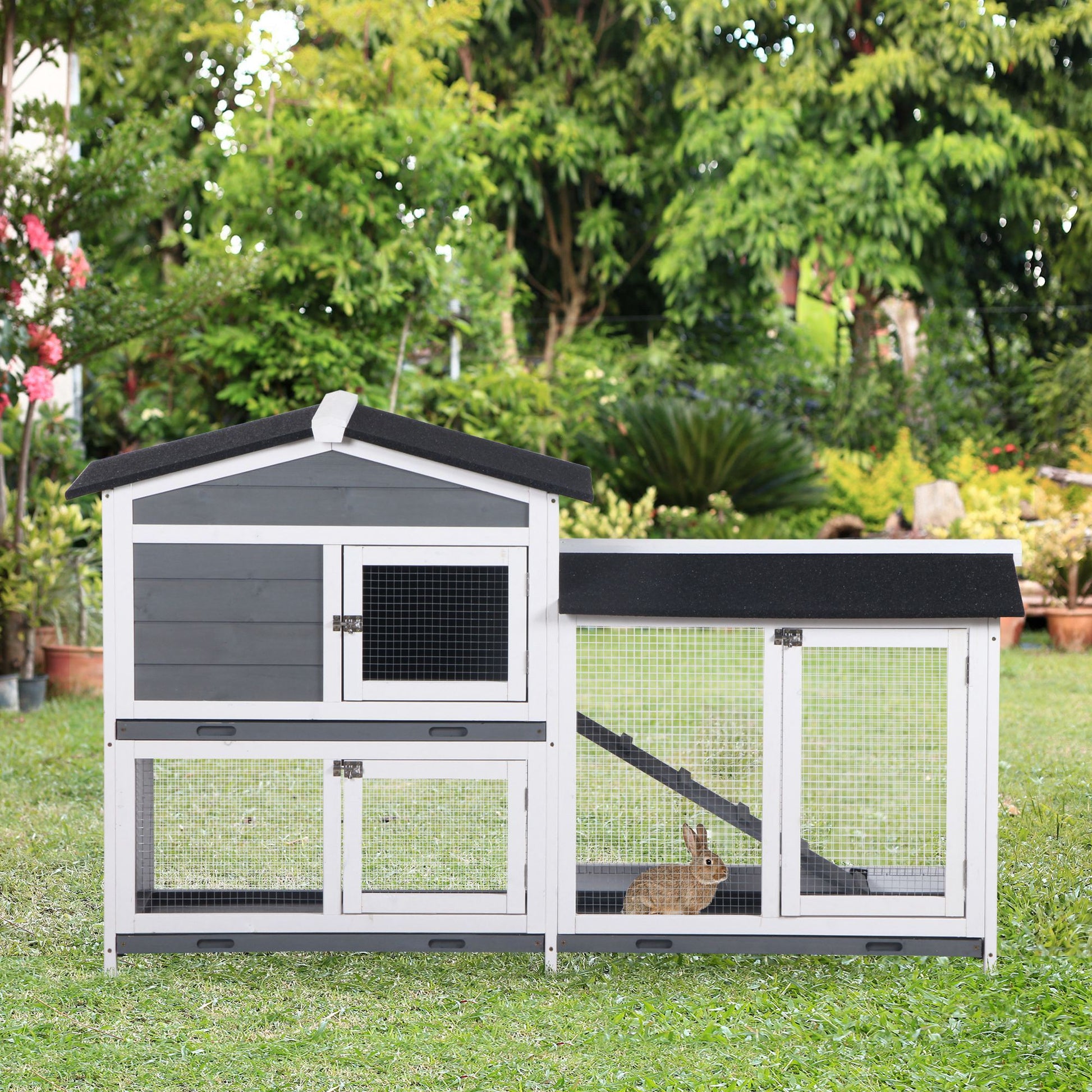 Pawhut 62" Rabbit Hutch, Wooden Bunny Hutch, Guinea Pig Cage, Small Animal Enclosure With Run Area, Removable Tray, Asphalt Roof, Lockable Doors And Ramp, Gray Grey Wood