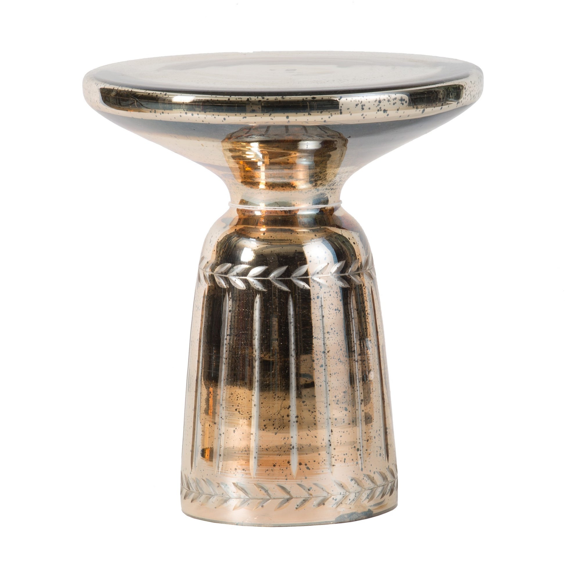 Liv 18 Inch Side Table, Laurel Accent Trimmed Edge, Round Glass Top, Gold Gold Glass