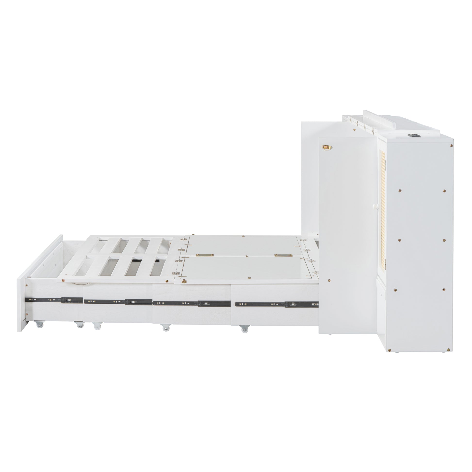 Queen Size Murphy Bed Wall Bed With Drawer And Rattan Decoration With 2 Storage Cabinets, One Set Of Sockets & Usb Ports, Pulley Structure Design, White Queen White Plywood