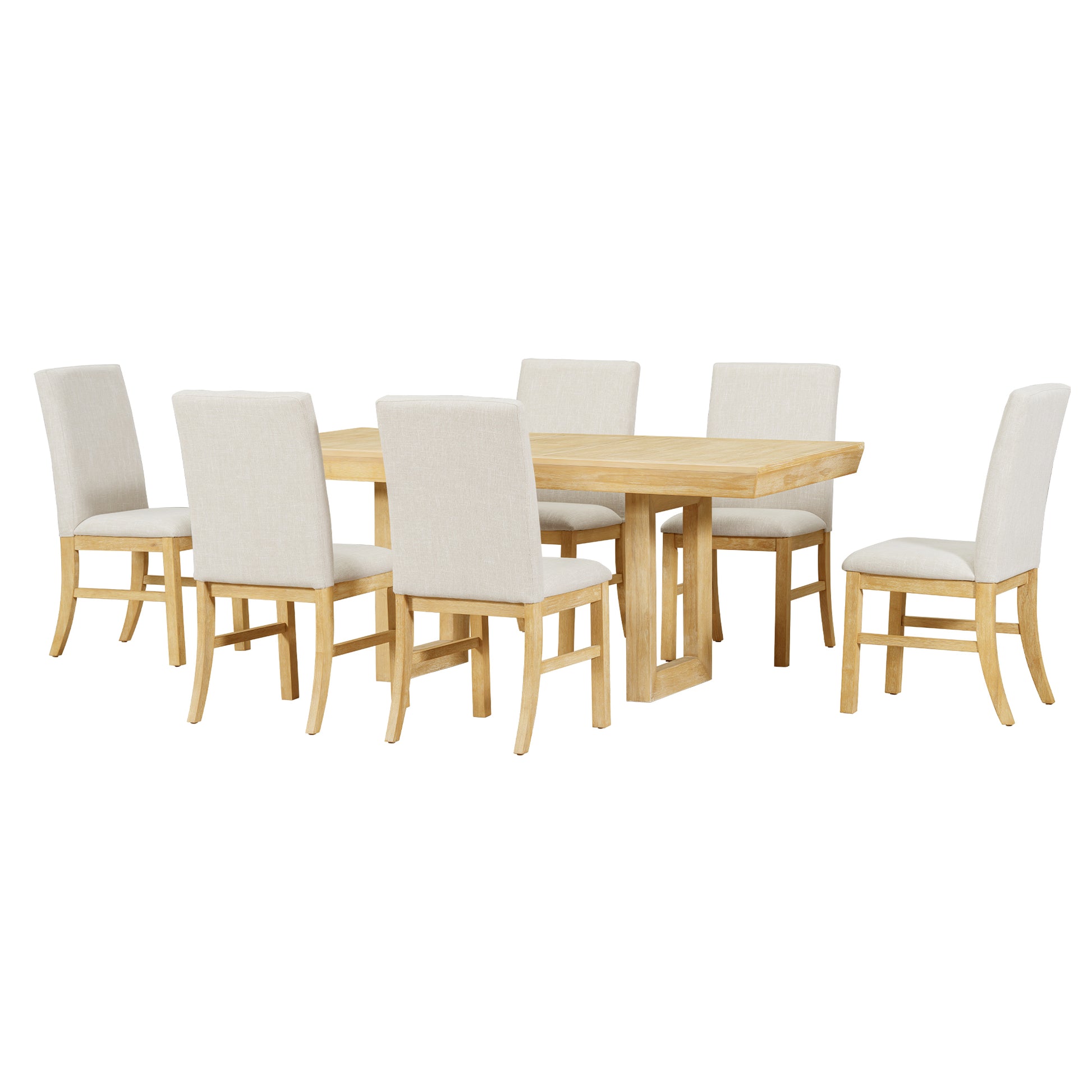 Traditional 7 Piece 72" Extendable Dining Table Set With 12Inch Butterfly Leaf And 6 Upholstered Dining Table Set, Natural Wood Dining Room Distressed Finish Rubberwood Rectangular Dining Table With Chair Wood Wood Natural Seats 6 72 Inches Butterfly