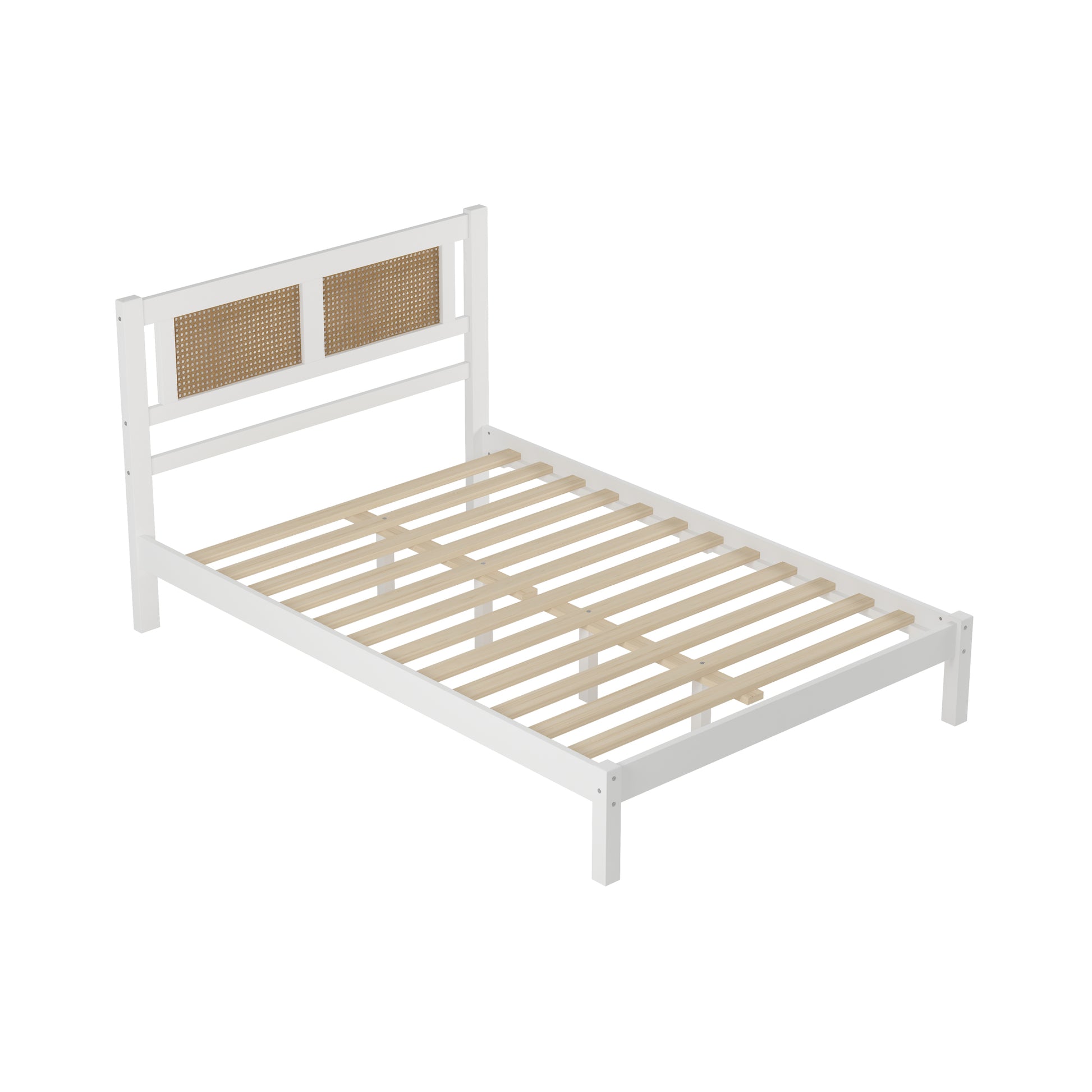 3 Pieces Bedroom Sets Full Size Wooden Platform Bed With Natural Rattan Headboard, Nightstands Set Of 2 With Rattan Woven Surfaces And Three Drawers For Bedroom, White White Particle Board