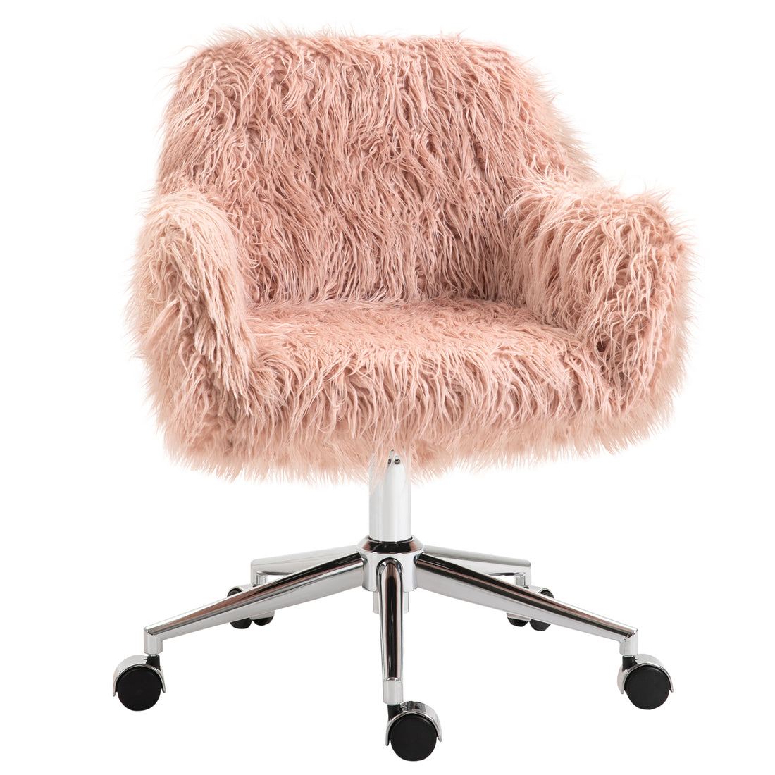 Vinsetto Faux Fur Desk Chair, Swivel Vanity Chair With Adjustable Height And Wheels For Office, Bedroom, Pink Pink Metal