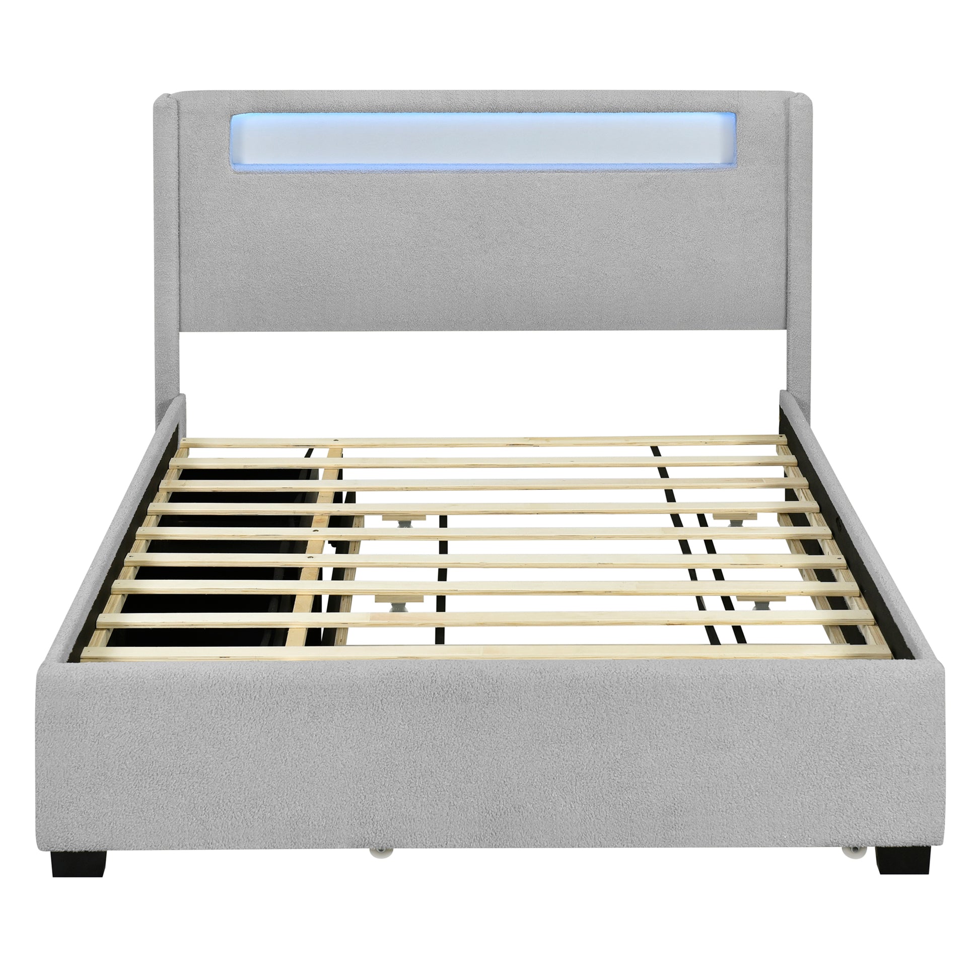 Queen Size Upholstered Platform Bed With Led Frame, With Twin Xl Size Trundle And 2 Drawers, Teddy Fleece, Gray Gray Fleece