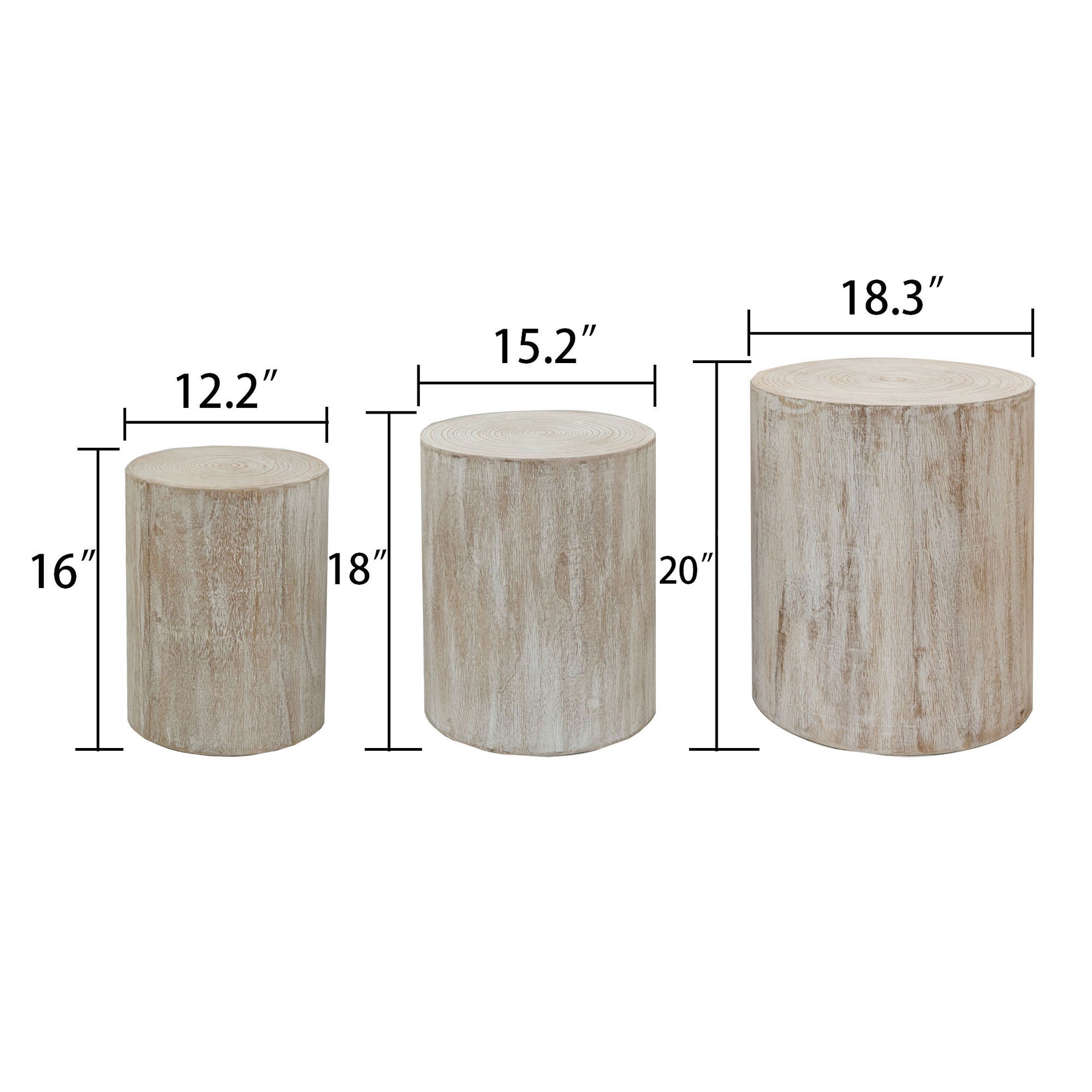 Set Of 3 Whitewash Wood Coffee Table With Clear And Visible Tree Rings White Distressed Finish Dining Room Fir Round Antique White,Natural Whitewash,White Washed,Wood Desk Top Modern,Rustic Floor Mount Round Open Storage Brushed Coffee & End Tables Wood