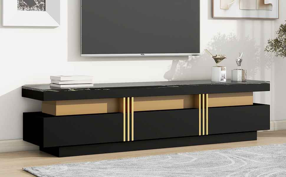 Luxury Tv Stand With High Gloss Faux Marble Top For Tvs Up To 78'', Rectangle Media Console With Golden Panel Design, Practical Entertainment Center With 3 Drawers For Living Room, Black Black Gold 70 79 Inches 70 79 Inches Mdf