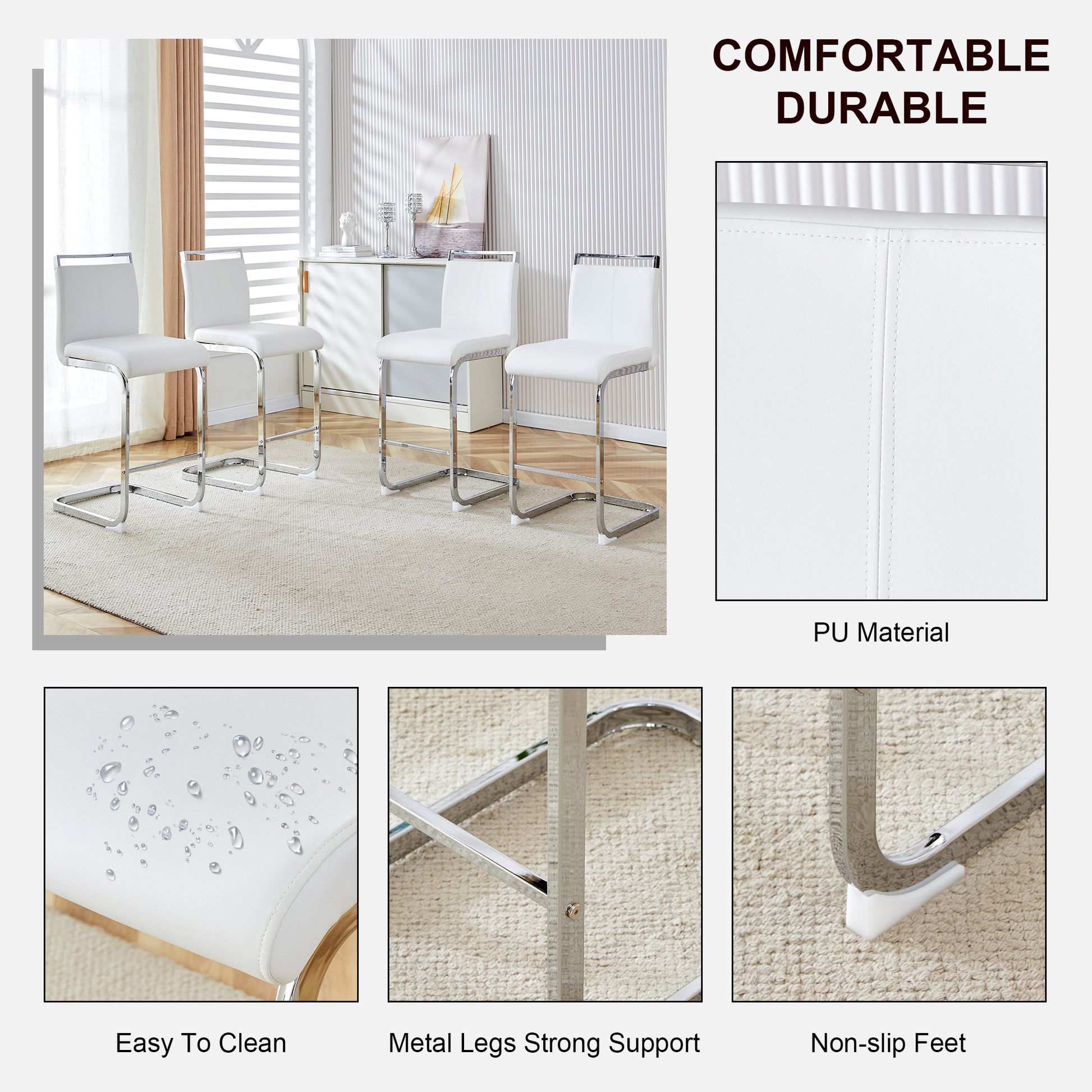 Table And Chair Set. A Rectangular Glass Dining Table With A 0.4 Inch Tempered Glass Tabletop And Mdf Board V Shaped Bracket, Paired With 2 Chairs Consisting Of Pu Seat Cushions And Silver Metal Legs. White Black Seats 2 Tempered Glass