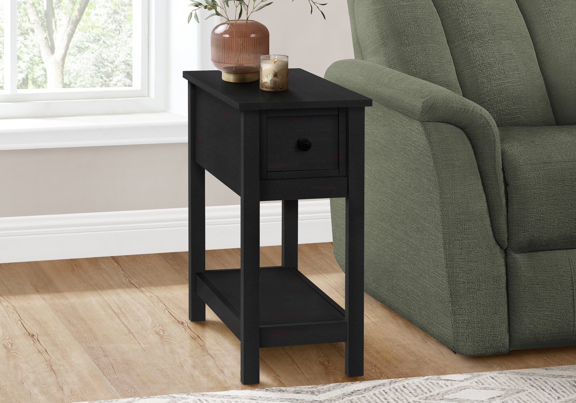 Accent Table, 2 Tier, End, Lamp, Nightstand, Side Table, Narrow, Small, Storage Drawer, Bedroom, Black Veneer, Transitional Black Mdf