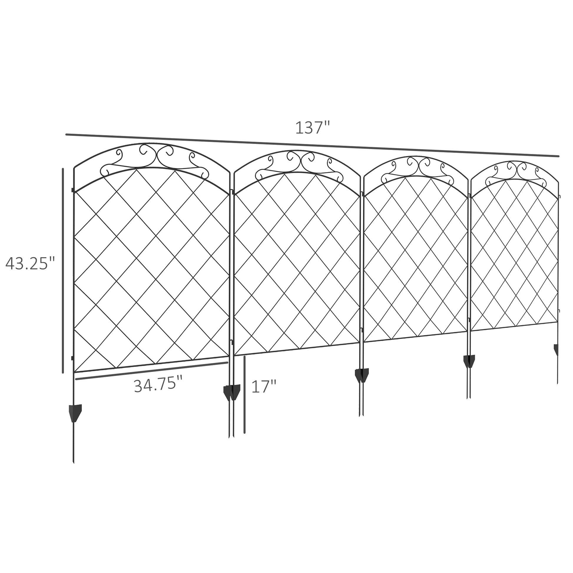 Outsunny Garden Fence, 4 Pack Steel Fence Panels, 11.4' L X 43" H, Rust Resistant Animal Barrier Decorative Border Flower Edging For Yard, Landscape, Patio, Outdoor Decor, Arched Vines Black Steel