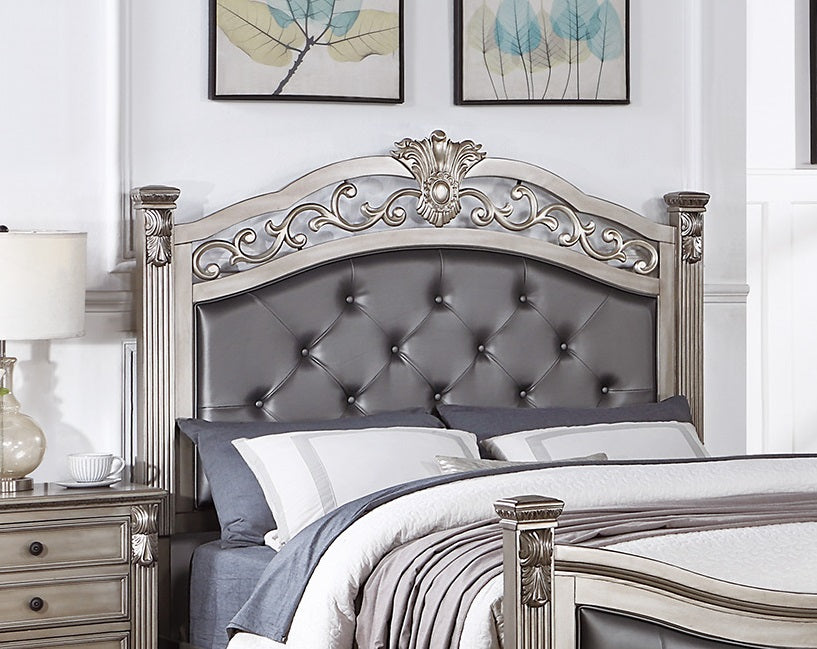 Formal Traditional Antique Silver 1Pc California King Size Bed Tufted Faux Leather Headboard Footboard Bedframe Box Spring Required California King Antique Silver Wood Bedroom American Traditional,Classic,Contemporary,Luxury,Traditional Pine Bed Frame