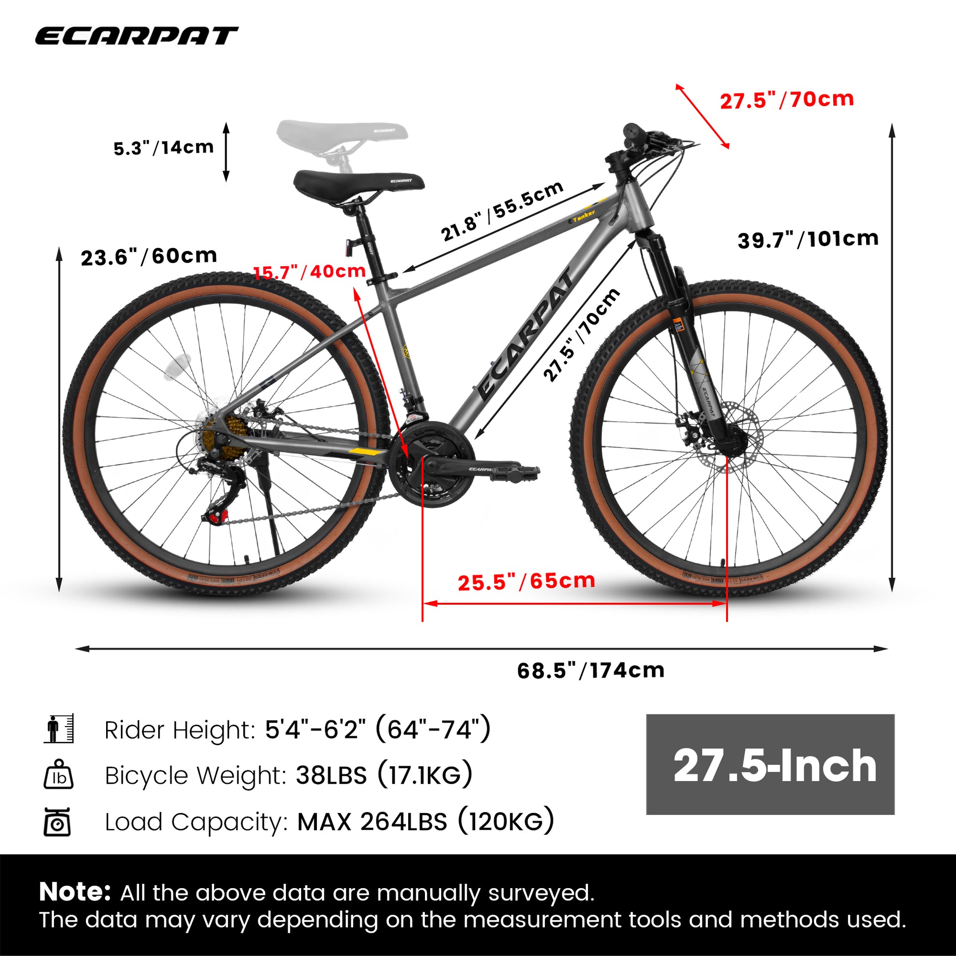 A27312 Ecarpat Mountain Bike 27 Inch Wheels, 21 Speed Mens Womens Trail Commuter City Mountain Bike, Aluminium Frame Disc Brakes Thumb Shifter Front Fork Bicycles Cycling Gray Durable Without Garden & Outdoor Classic Multifunctional Polyurethane Foam