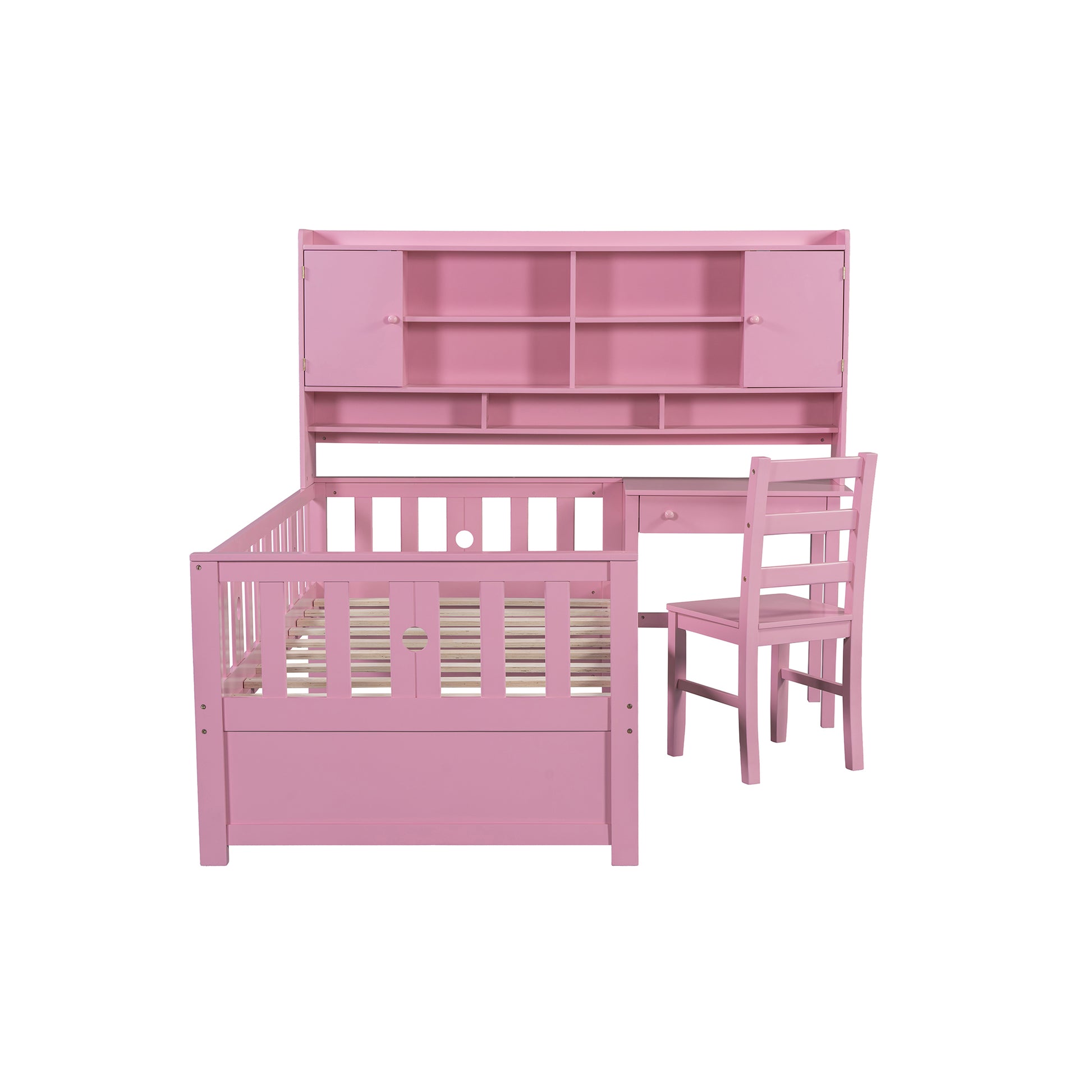 Twin Size Multifunctional Wood Platform Bed With Bookshelf At The Head Of The Bed, Built In Desk And Matching Chair, Pink Twin Pink Wood