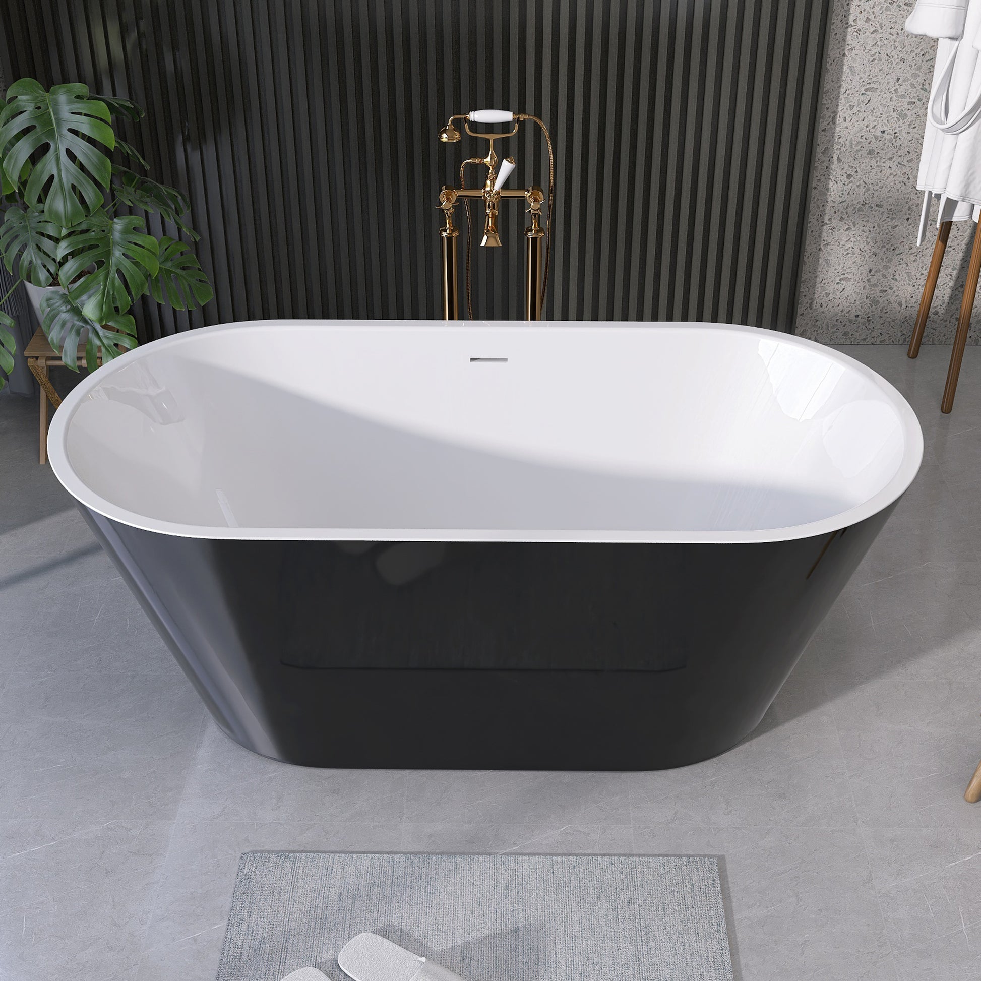 55 Inch Acrylic Freestanding Bathtub Contemporary Soaking White Tub With Overflow And Pop Up Drain Gloss Black Black White Oval Bathroom Freestanding Tubs Polished Less Than 59 In Contemporary,Modern Soaking Center Fiberglass Acrylic