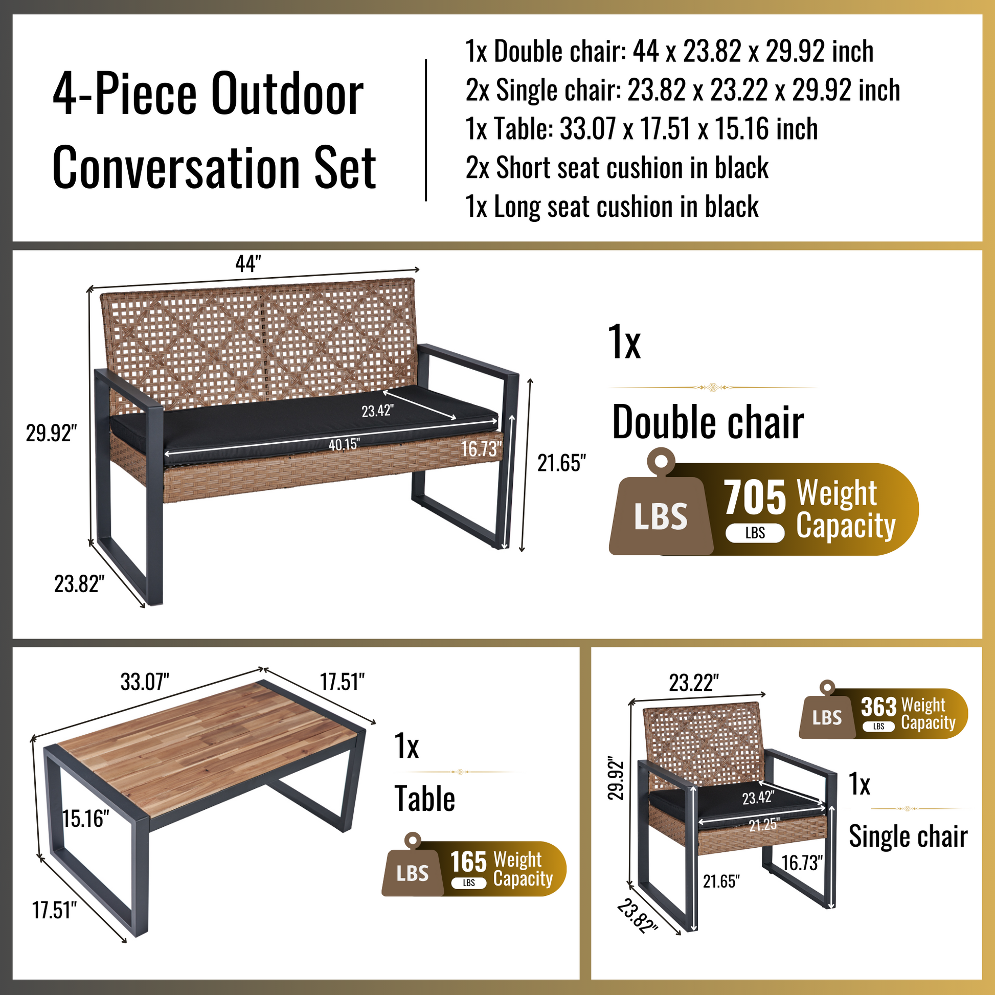 4 Piece Patio Furniture Set Outdoor Balcony Porch Garden Backyard Lawn Furniture Acacia Wood Table Top, Morden Black And Light Brown Yes Sectional Light Brown Seats 4 Rust Resistant Frame Water Resistant Cushion Garden & Outdoor American Design,American