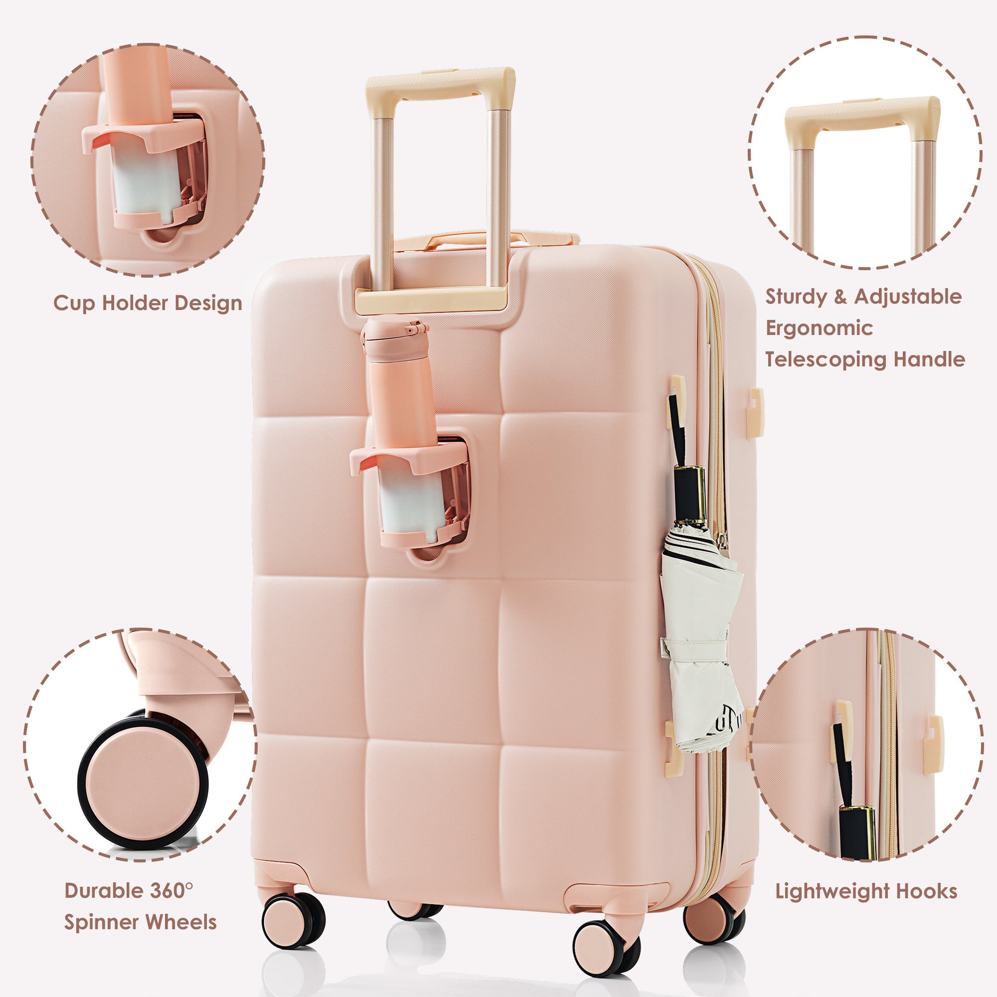 Luggage Set Of 3, 20 Inch With Usb Port, Airline Certified Carry On Luggage With Cup Holder, Abs Hard Shell Luggage With Spinner Wheels, Pink Pink Abs