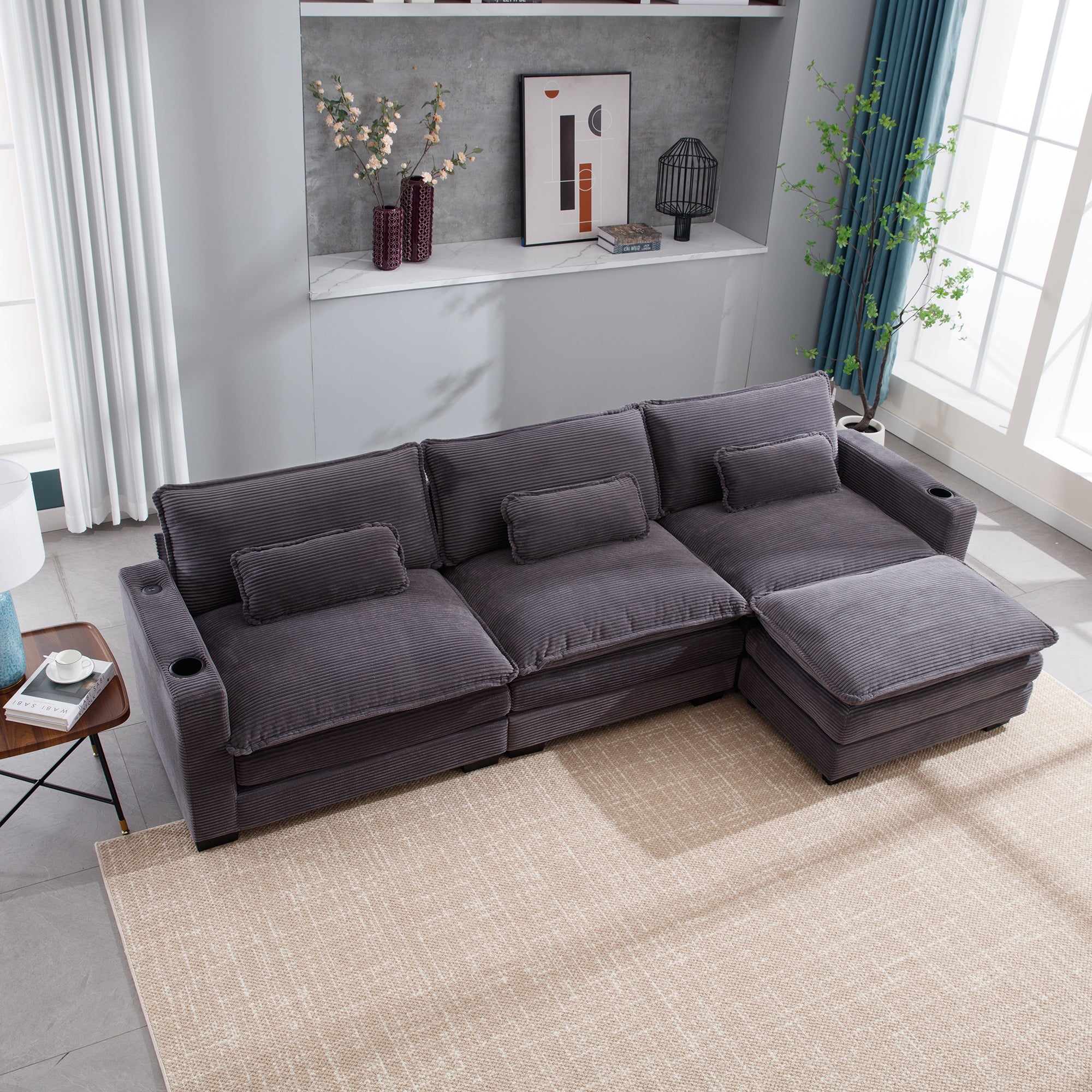 L Shape Sofa Couch With Usb & Cup Holders, Corduroy Stripe Fabric 3 Seater Sofa With 1 Ottoman, Grey Grey Wood 4 Seat