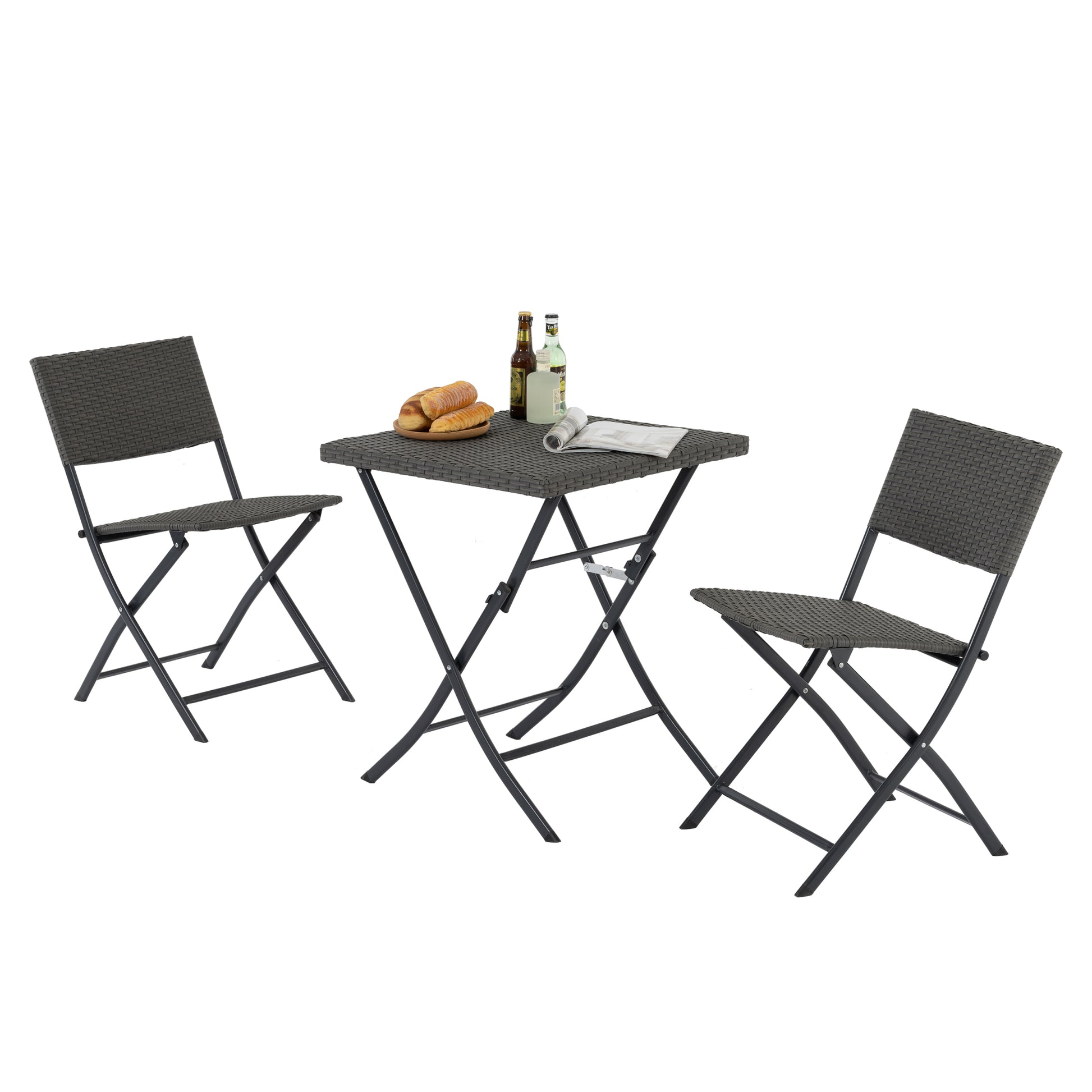 Rattan Patio Bistro Set, 3 Piece Foldable Outdoor Patio Furniture Sets, With Folding Table And Two Chairs, For Garden, Backyard, Pool, Lawn, Porch, Balcony, All Weather Rattan Style Gray Pe Rattan
