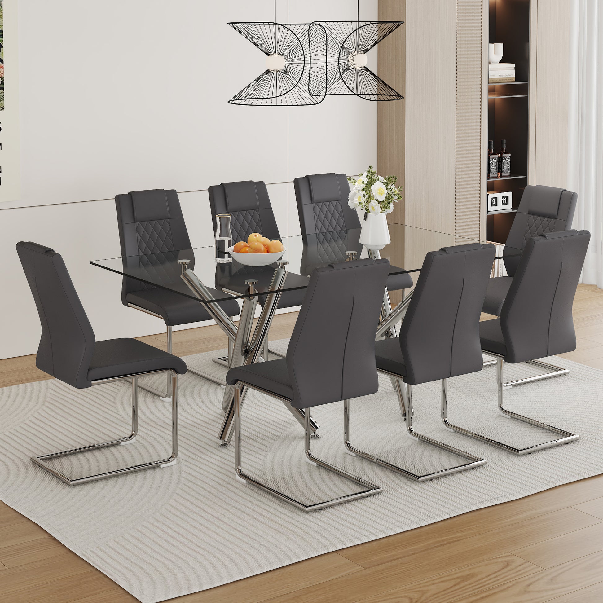 Table And Chair Set.Large Minimalist Rectangular Glass Dining Table For 6 8 With 0.39" Tempered Glass Tabletop And Silver Chrome Metal Legs.Paried With Comfortable Chairs With Pu Seats And Metal Legs. Silver Seats 8 Glass Metal