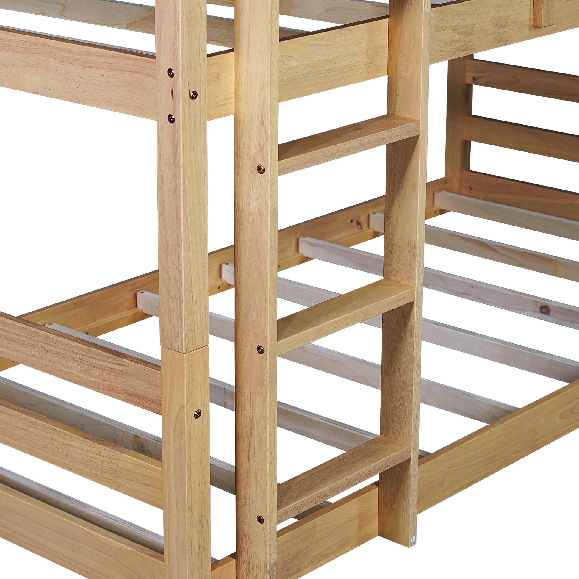 Triple Rubber Wood Bunk Bed With Two Built In Ladders, Guardrails, Twin Over Twin Over Twin, Detachable Triple Twin Bunk Bed,White Oak Twin White Oak Bedroom American Design Bed Frame Rubber Wood