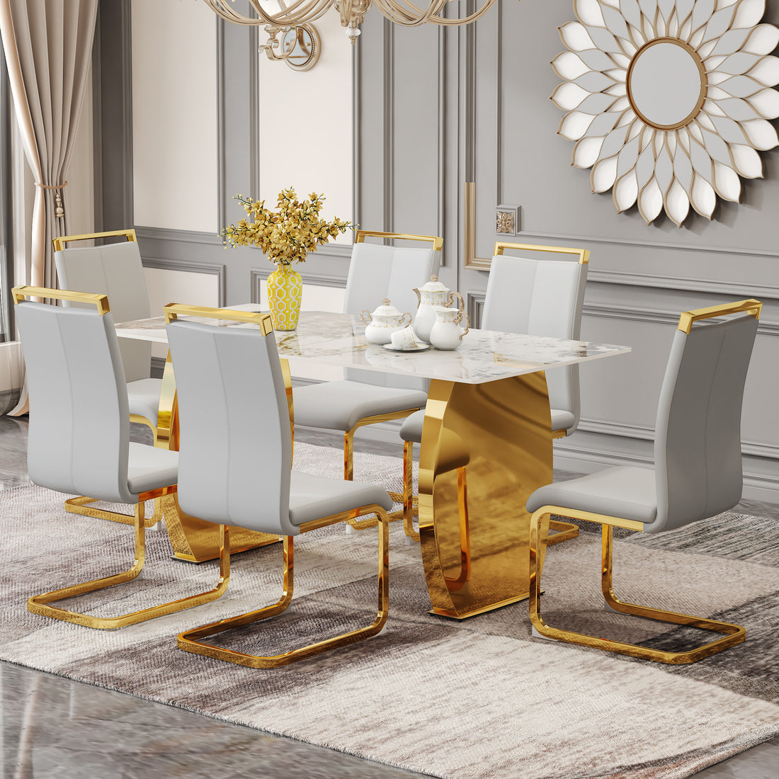 Table And Chair Set, Rock Plate Table Top, Gold Metal Table Legs, Stable And Beautiful, Suitable For Most Home Styles. Modern Simple Dining Table, Comfortable Seating. Grey Gold Seats 6 Sintered Stone