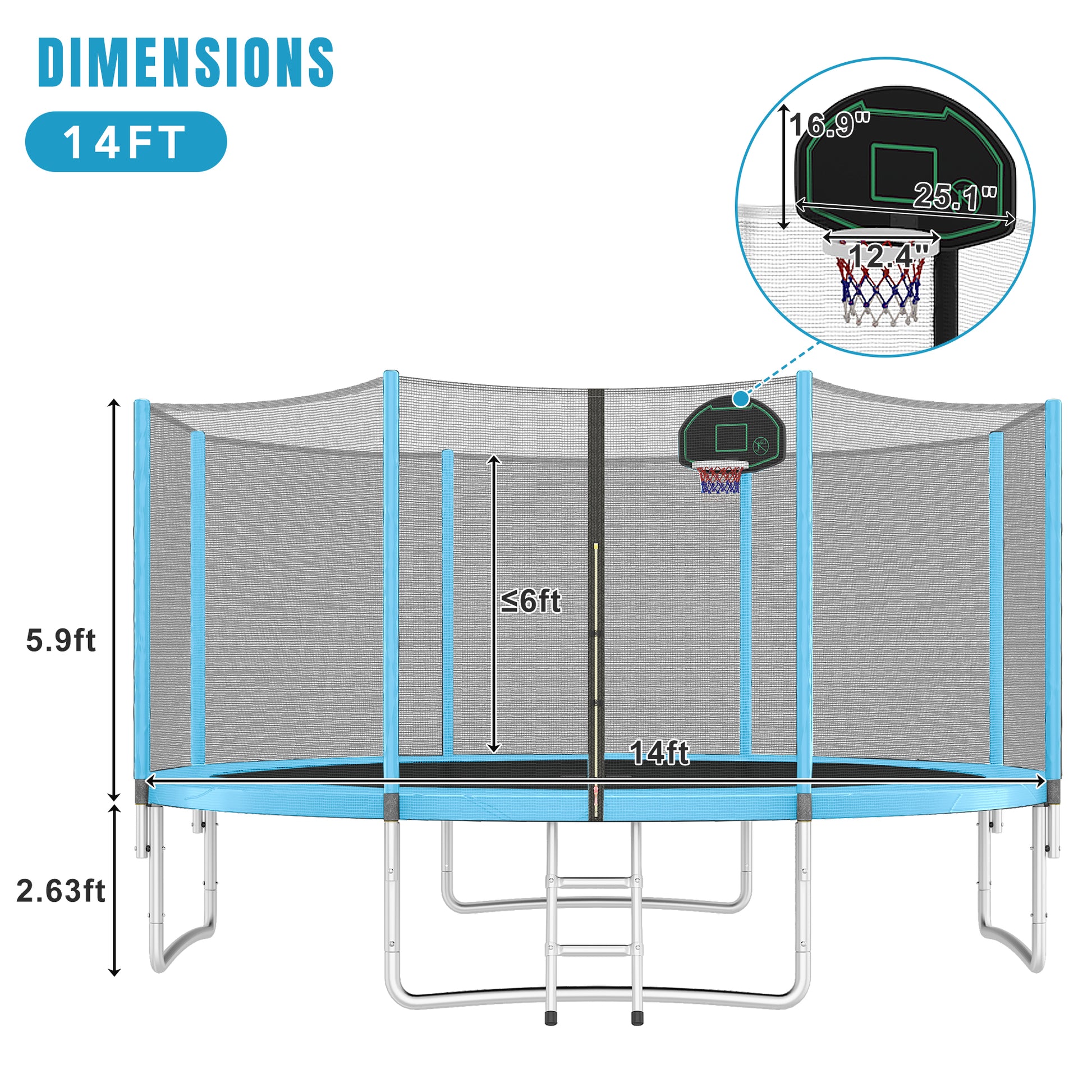 14Ft Trampoline For Kids With Safety Enclosure Net, Basketball Hoop And Ladder, Easy Assembly Round Outdoor Recreational Trampoline Blue Metal