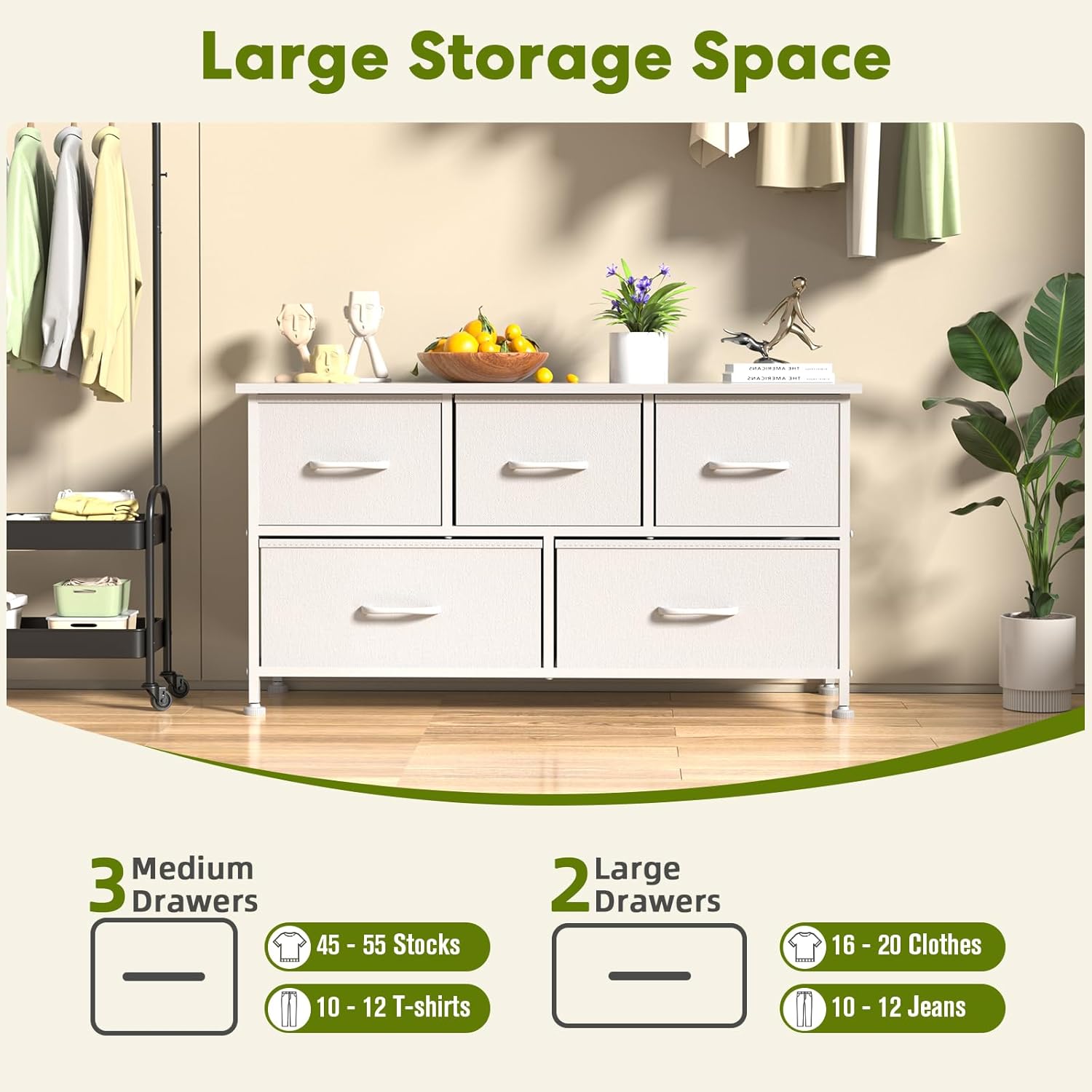 5 Drawers Dresser For Bedroom, Kidsroom Furniture, Wide Chest Of Drawers, Storage Organizer Units With Fabric Bins For Closet, White, Metal Frame, Waterproof Wood Top, Adjustable Feet White Wood