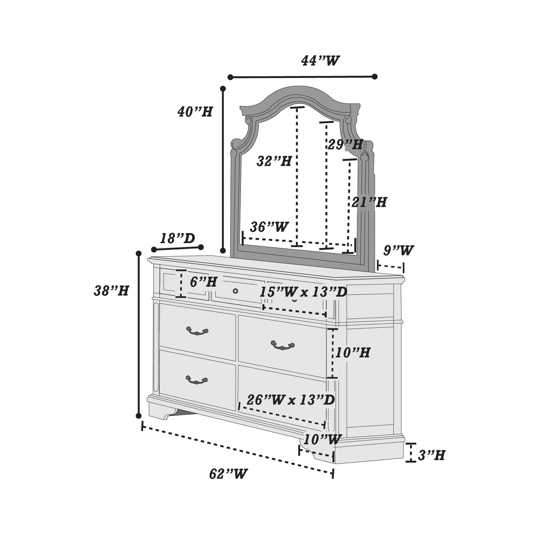 Antique White Wooden 1Pc Dresser Only Bedroom Formal Antique Walnut Top Storage 7 Drawers Dresser Table No Mirror Antique White Bedroom Classic,Contemporary,Transitional Rubberwood Particle Board