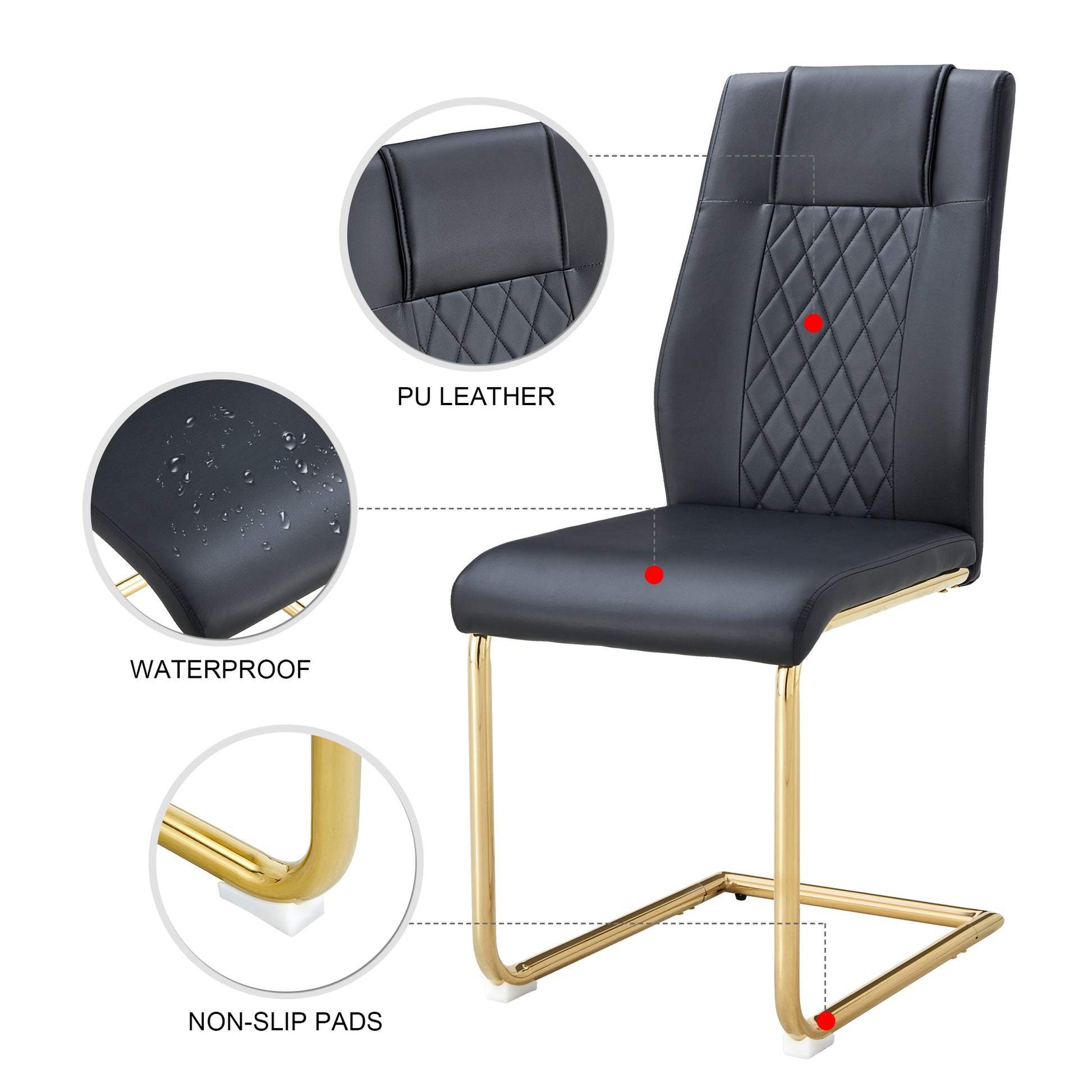 Table And Chair Set, The Table Is Equipped With A Marble Patterned Mdf Tabletop And Gold Table Legs.Dining Chairs,Gold Legged Upholstered Chairs Made Of Artificial Leather. Black Gold Seats 6 Mdf