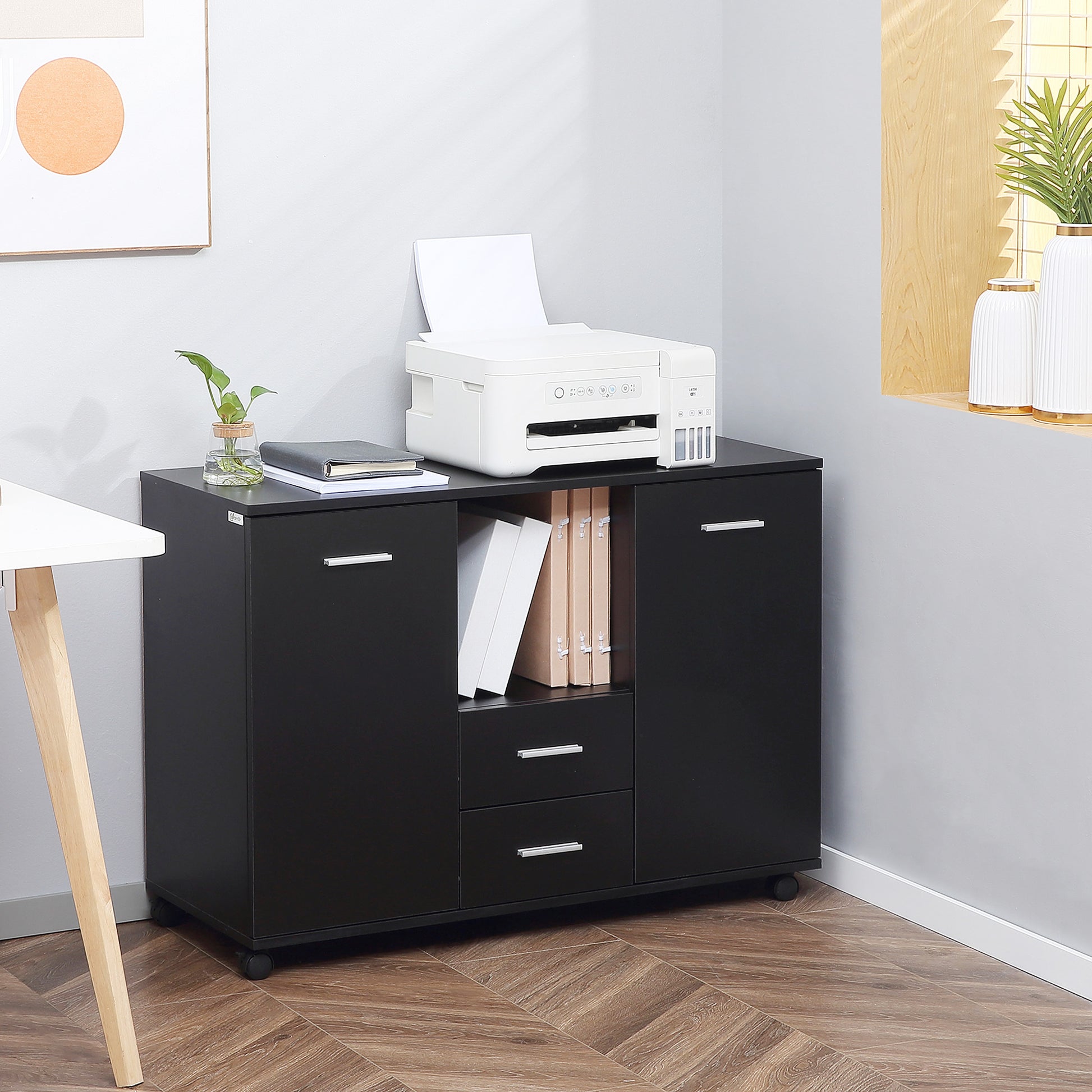 Vinsetto Multifunction Office Filing Cabinet Printer Stand With 2 Drawers, 2 Shelves, & Smooth Counter Surface, Black Black Particle Board