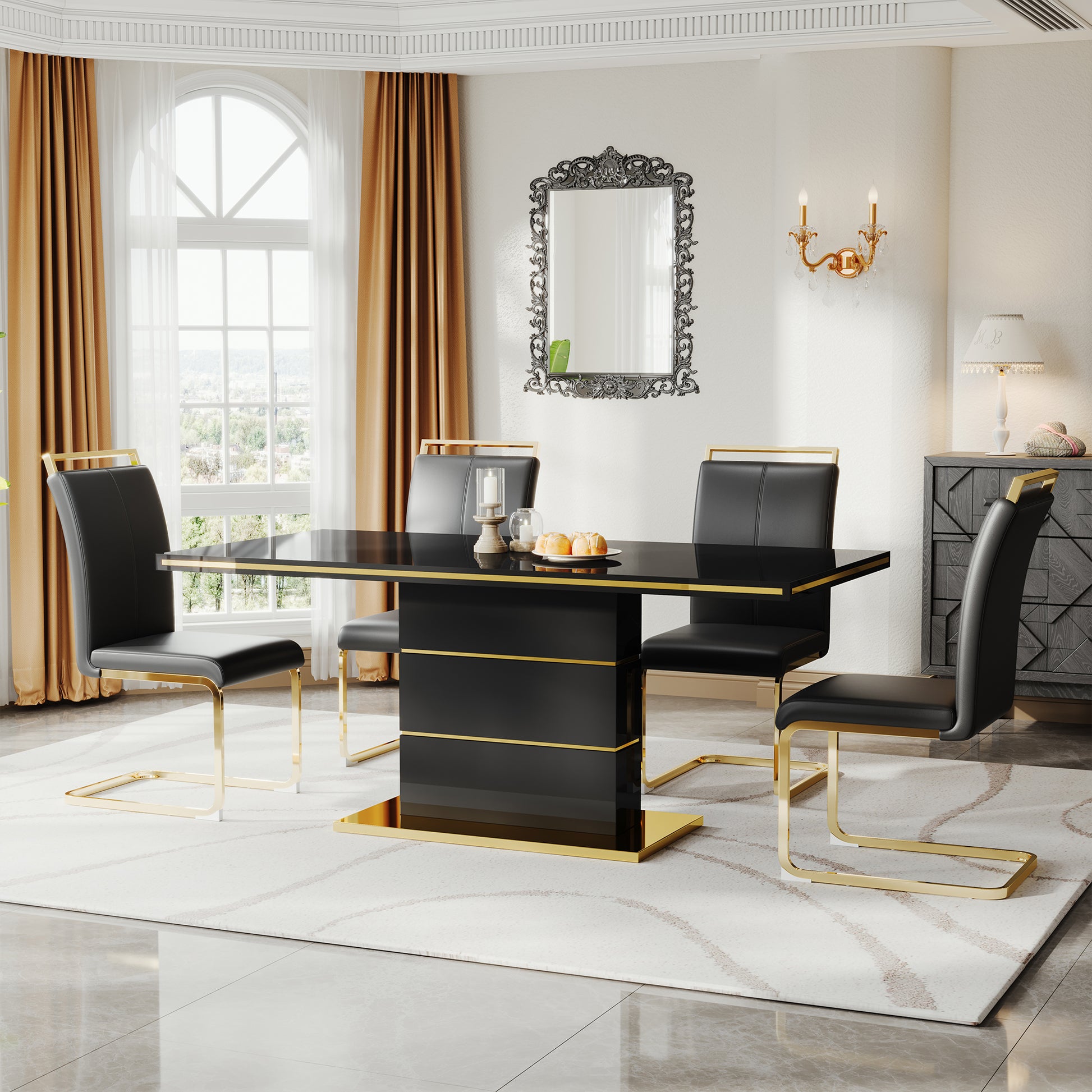 Mdf Dining Table,Panel Stainless Steel Polished Gold Plated Bar, Need To Hit Copper Nails,Table Size: 62.99" L X 35.43" W X 29.92" H Black Mdf